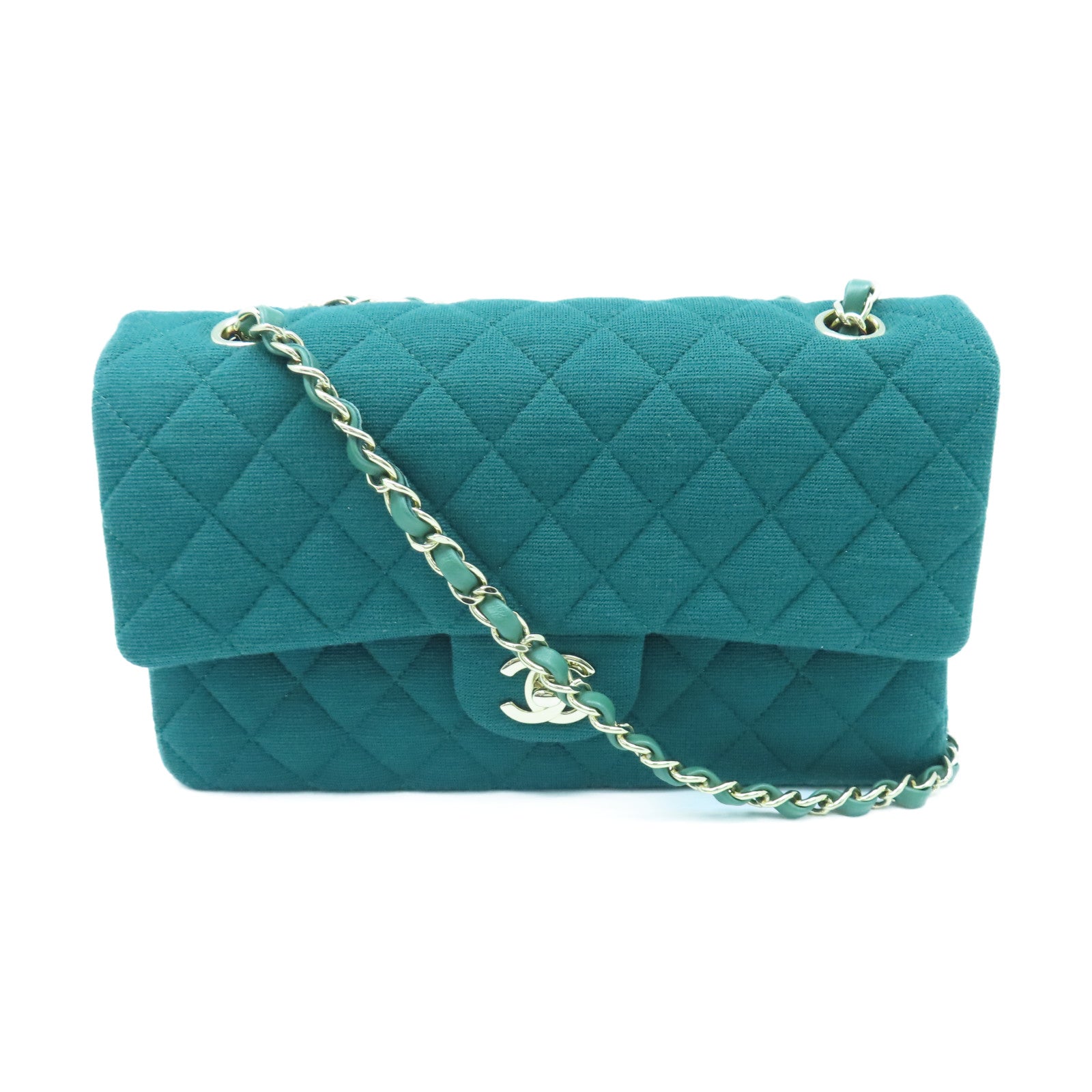 CHANEL 【激減優惠】菱格帆布Classic 25cm金扣肩背袋綠色
