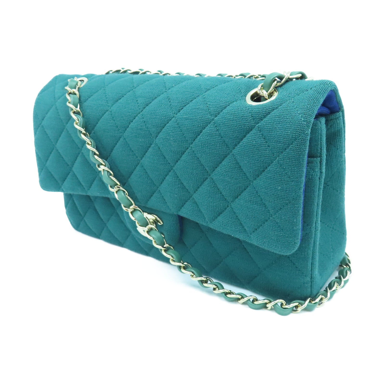 CHANEL 【激減優惠】菱格帆布Classic 25cm金扣肩背袋綠色
