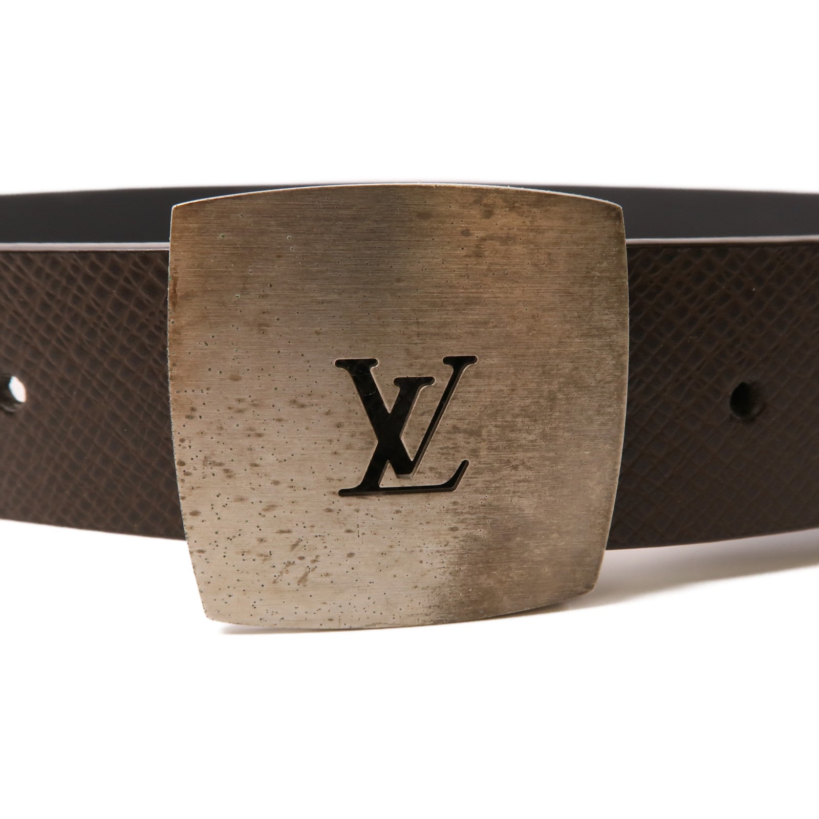 LOUIS VUITTON Taiga Belt銀扣皮帶棕色