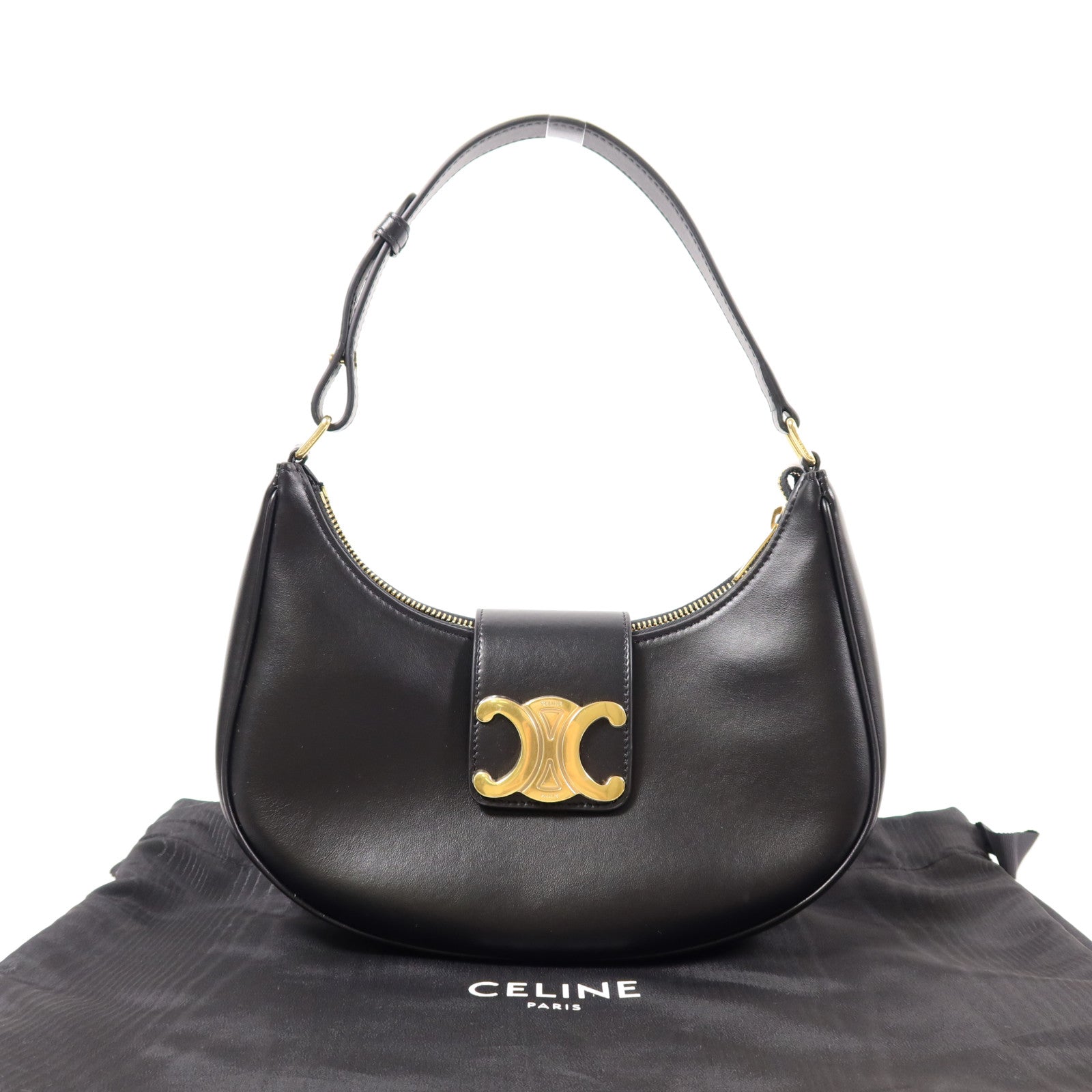CELINE GHW Ava Shoulder Bag Calfskin Leather Black 6962