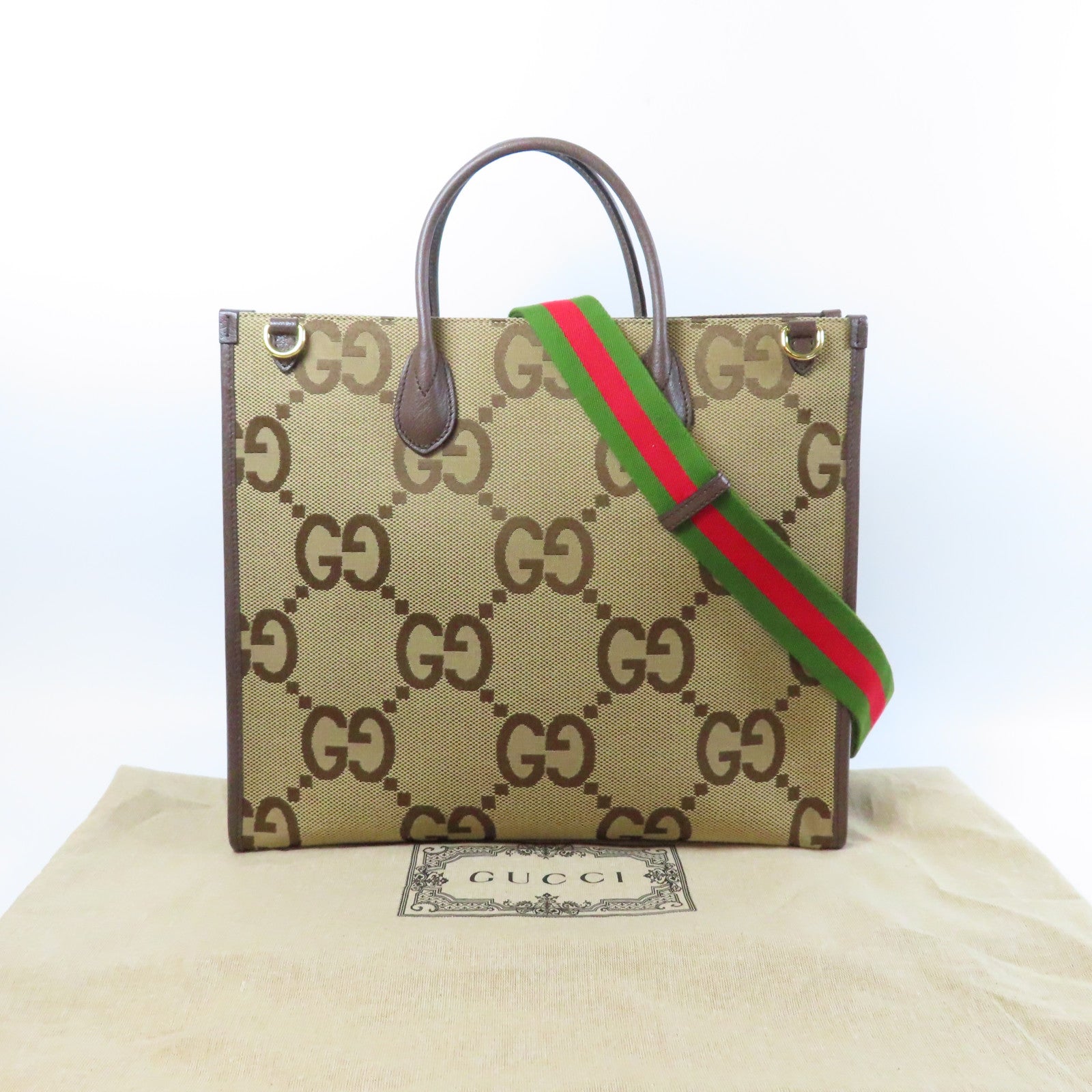 GUCCI 【激減優惠】帆布Jumbo GG Tote Bag金扣手挽肩背兩用袋啡色