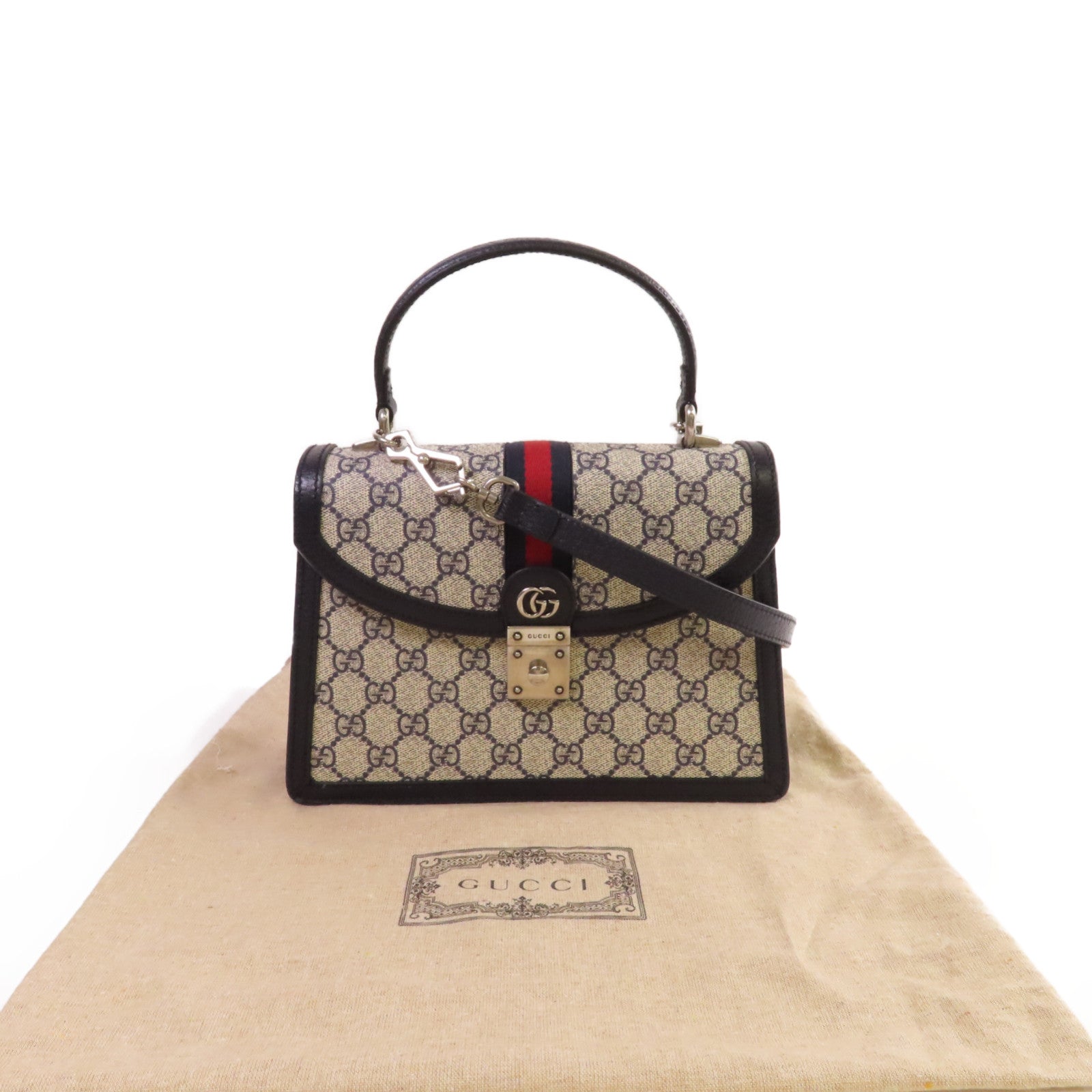 GUCCI 塗層帆布Ophidia GG Small Top Handle Bag銀扣手挽肩背兩用袋米色/藍色