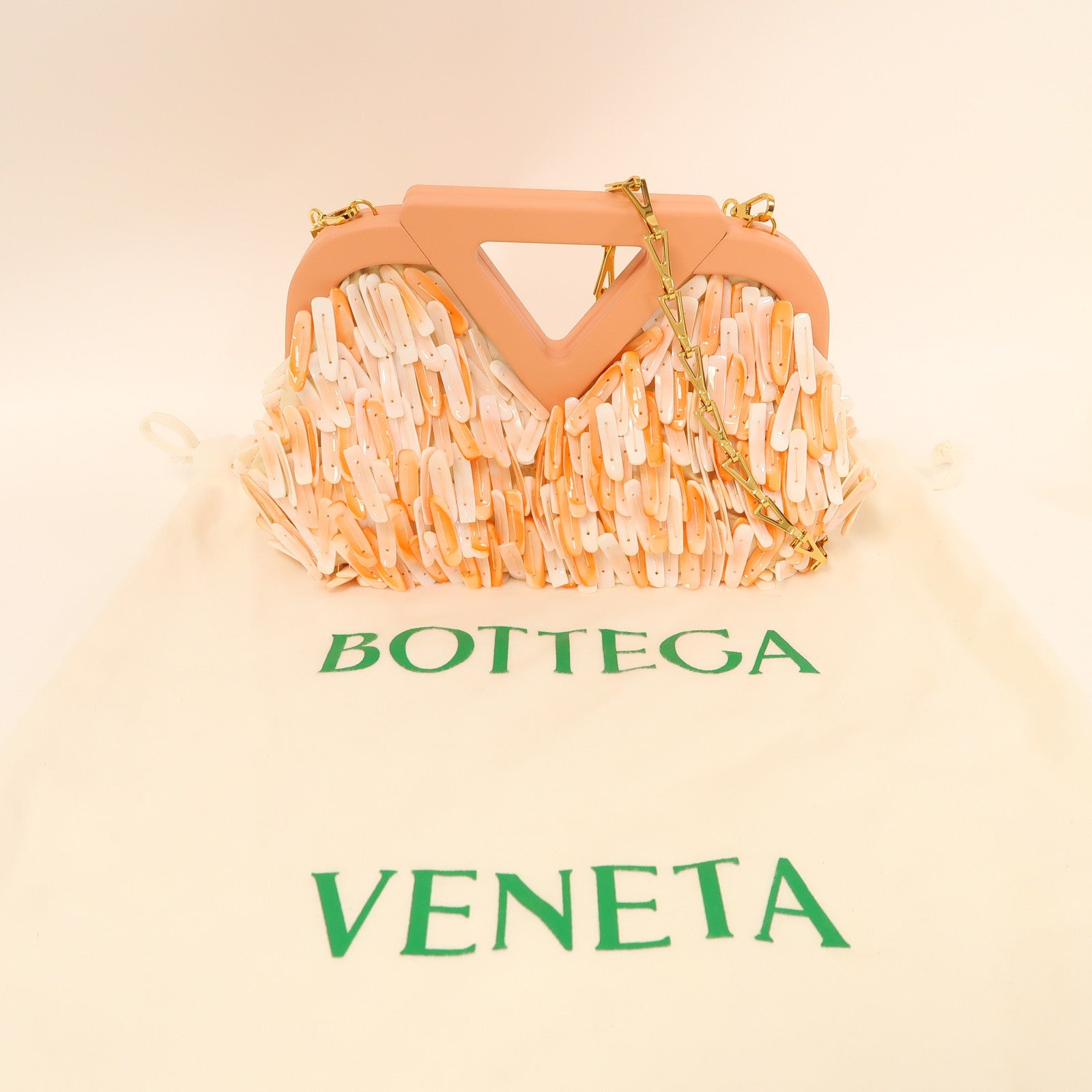 BOTTEGA VENETA 【激減優惠】貝殼/牛皮皮革Shell Fringe V金扣鏈帶肩背袋粉紅色/白色