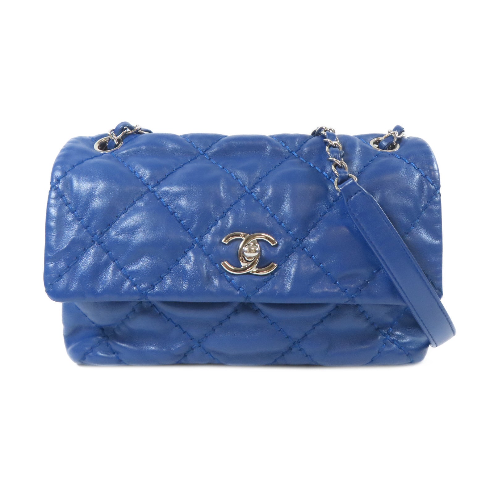 CHANEL 菱格牛皮皮革Flap Bag銀扣鏈帶肩背袋藍色