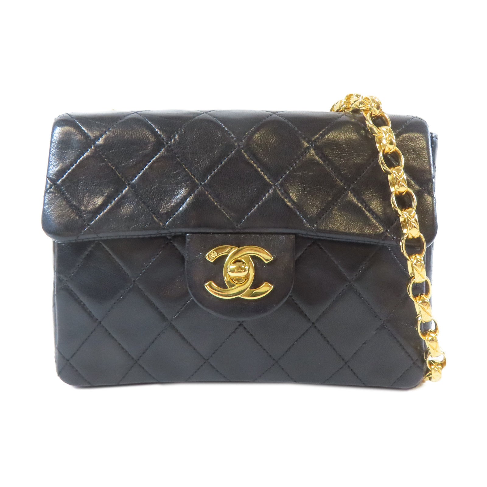 CHANEL 菱格羊皮皮革Vintage Chain Shoulder金扣鏈帶肩背袋黑色