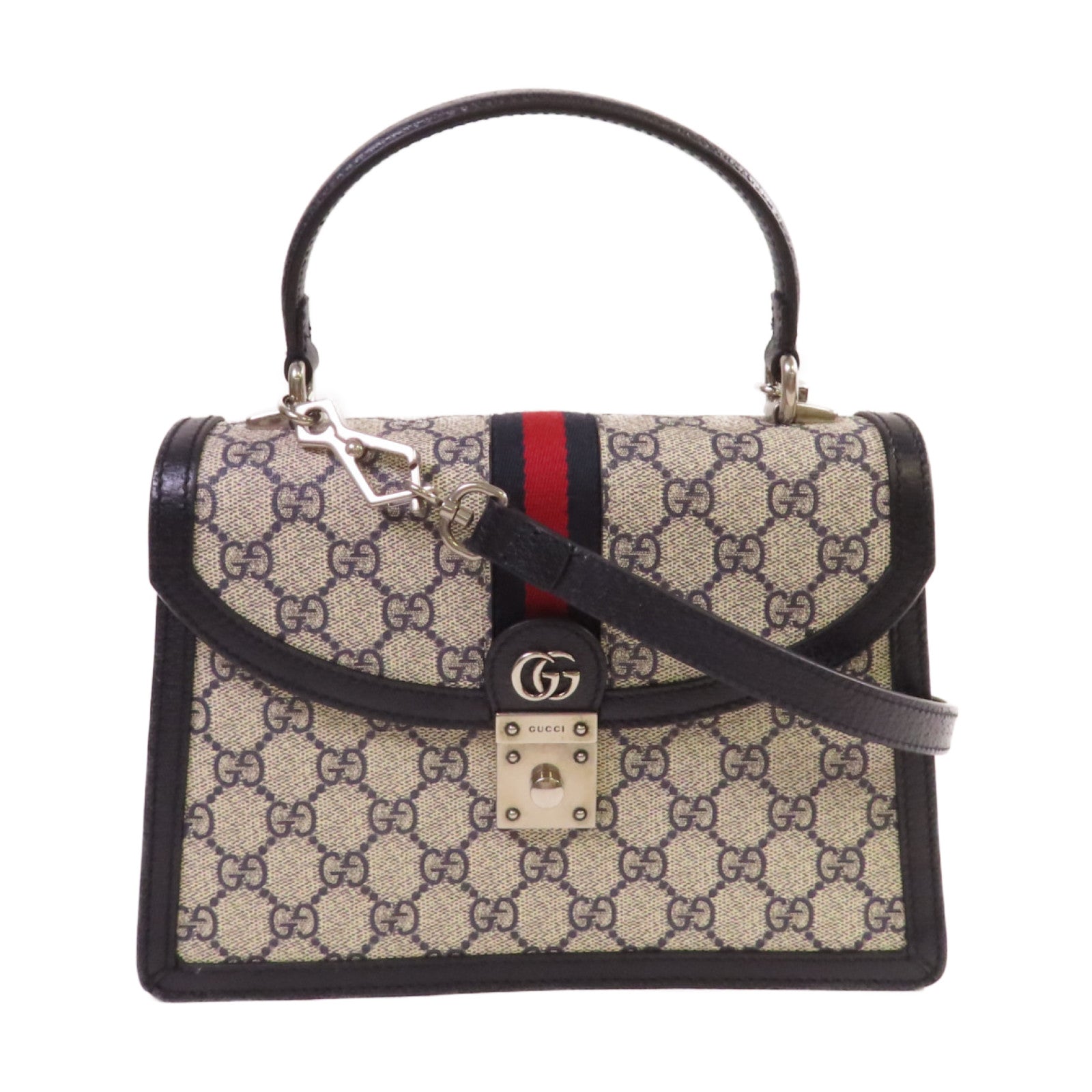 GUCCI 塗層帆布Ophidia GG Small Top Handle Bag銀扣手挽肩背兩用袋米色/藍色