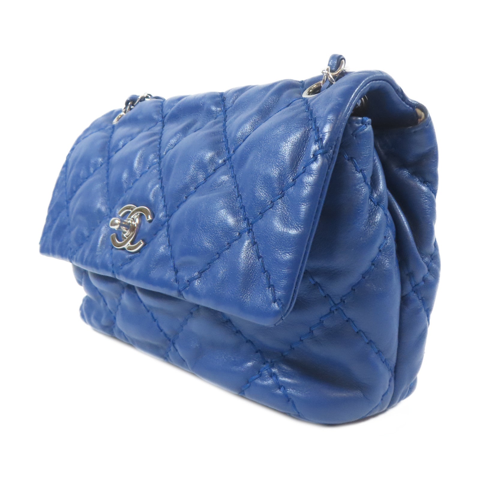CHANEL 菱格牛皮皮革Flap Bag銀扣鏈帶肩背袋藍色