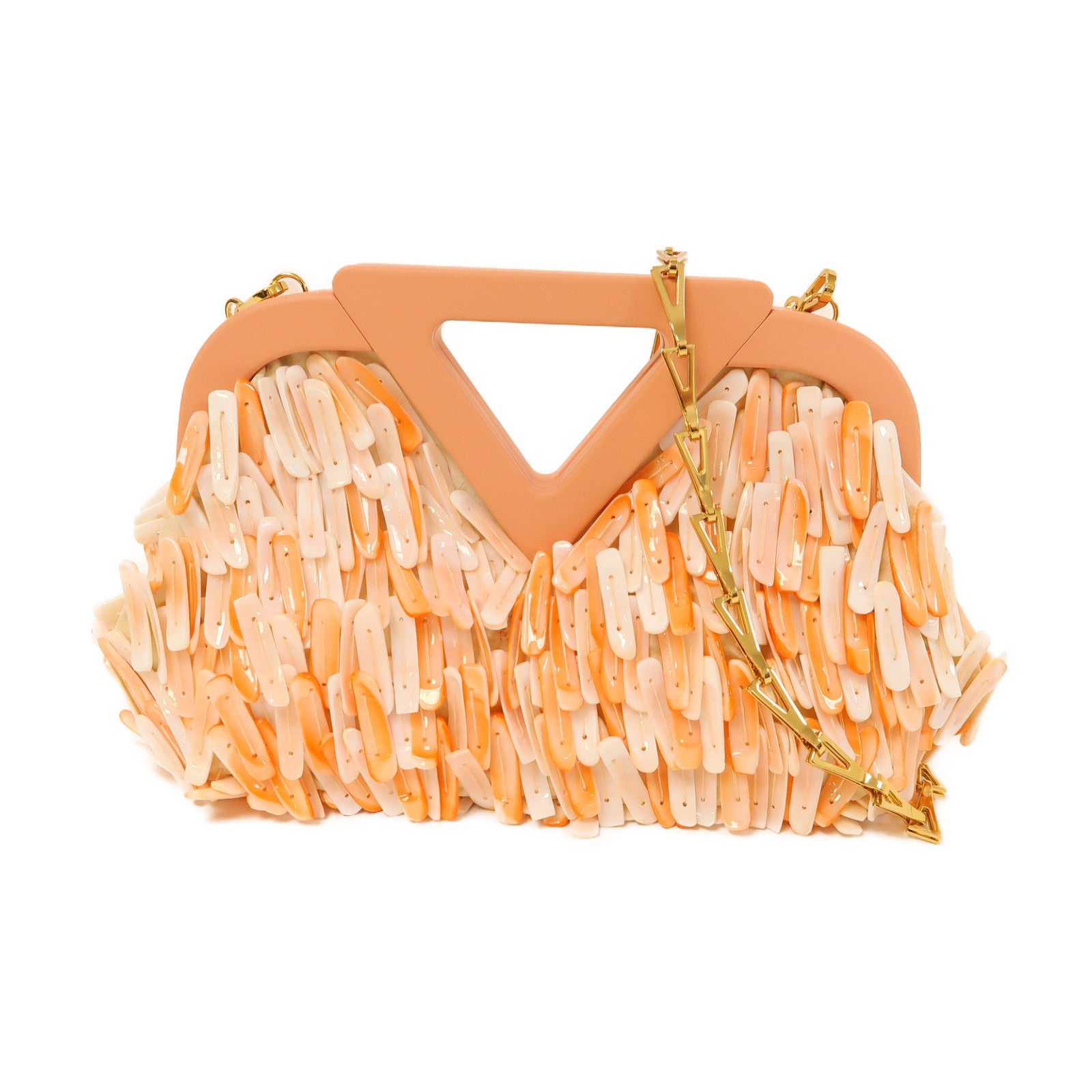 BOTTEGA VENETA 【激減優惠】貝殼/牛皮皮革Shell Fringe V金扣鏈帶肩背袋粉紅色/白色