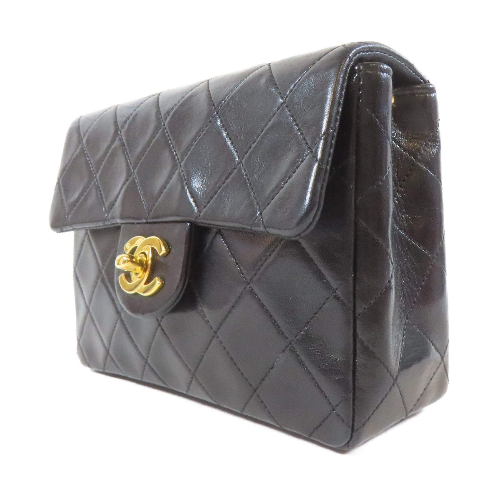 CHANEL 菱格羊皮皮革Vintage Chain Shoulder金扣鏈帶肩背袋黑色