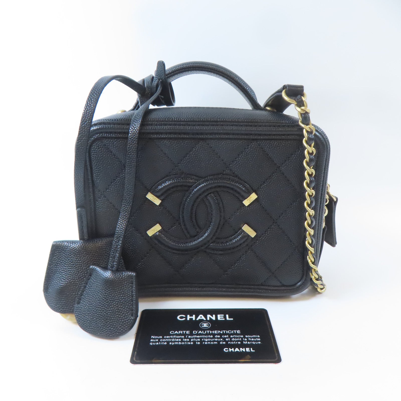 CHANEL 【激減優惠】菱格牛皮皮革Vanity Case金扣手挽肩背兩用袋黑色