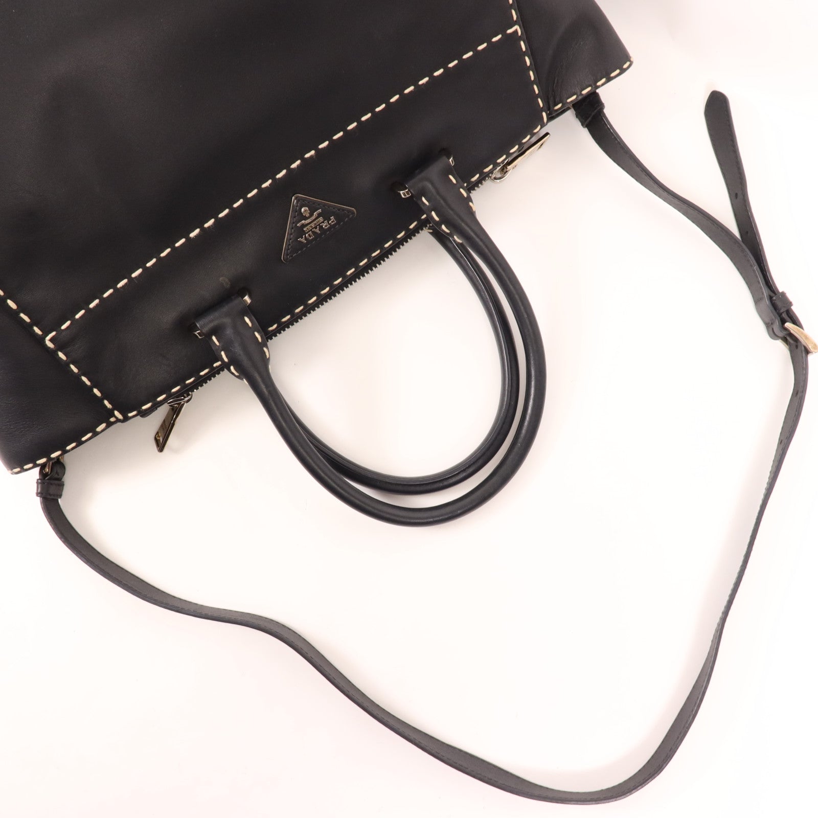 PRADA 牛皮皮革Hand Bag銀扣手挽肩背兩用袋