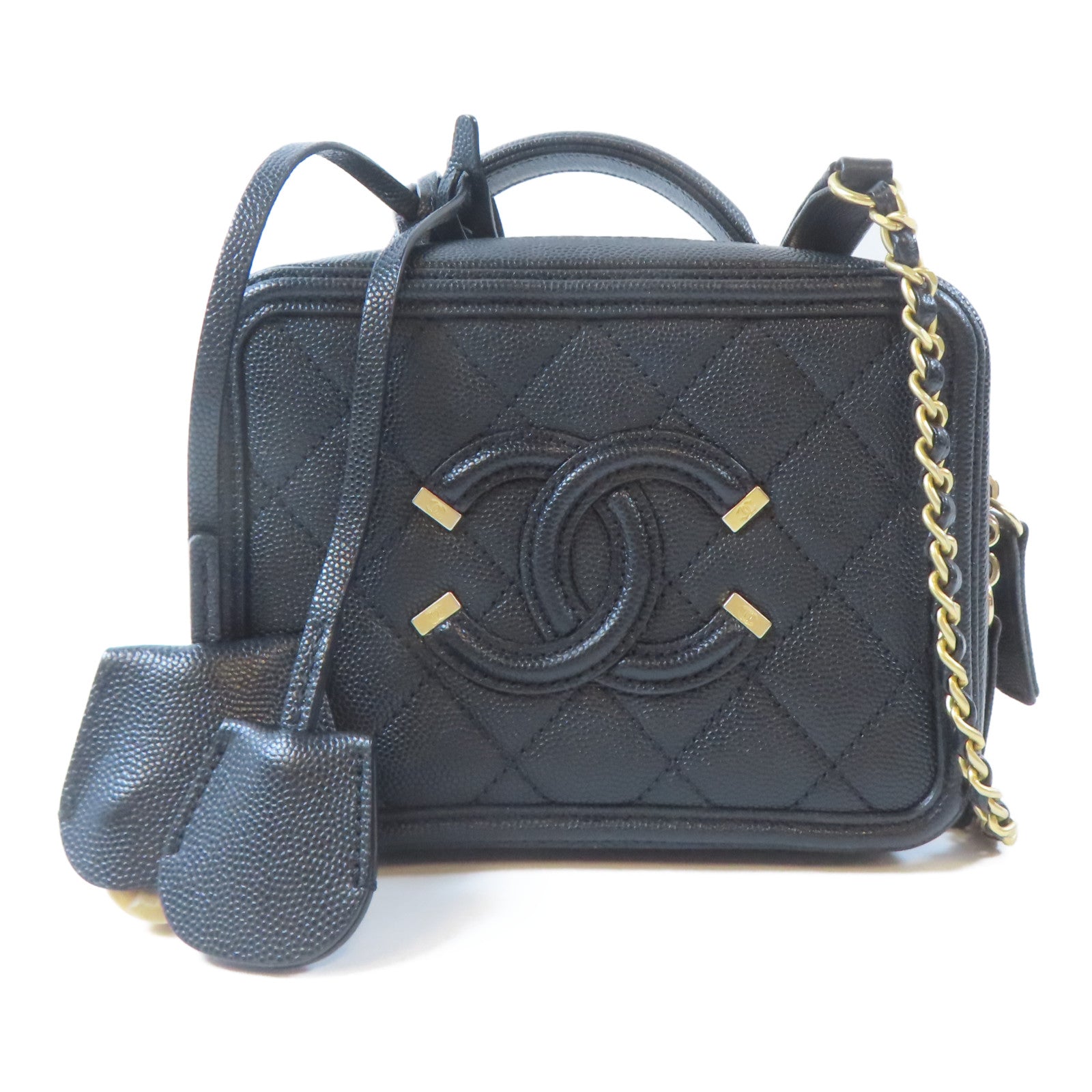 CHANEL 【激減優惠】菱格牛皮皮革Vanity Case金扣手挽肩背兩用袋黑色