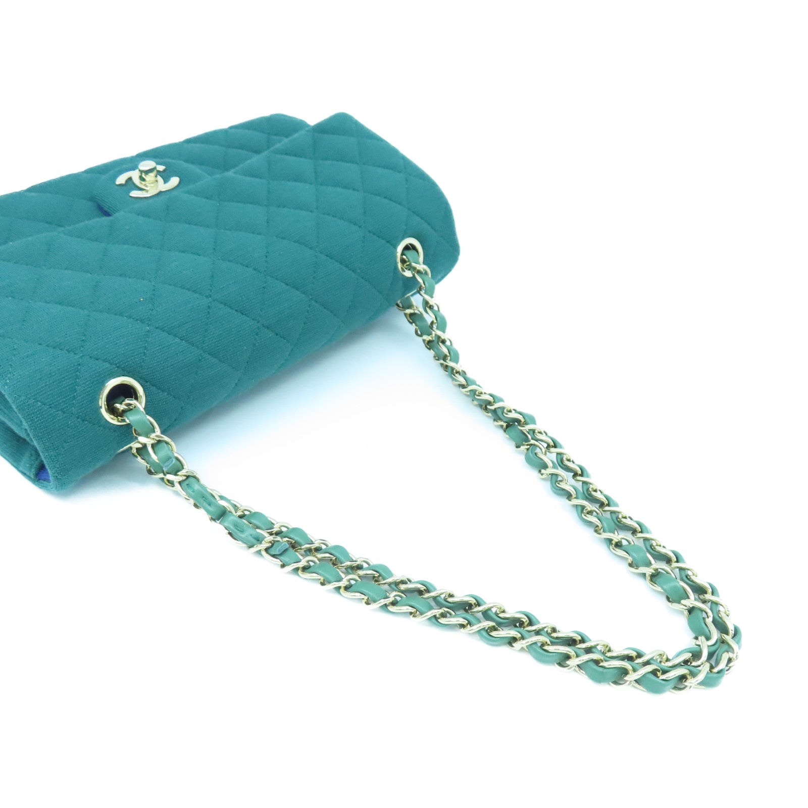 CHANEL 【激減優惠】菱格帆布Classic 25cm金扣肩背袋綠色