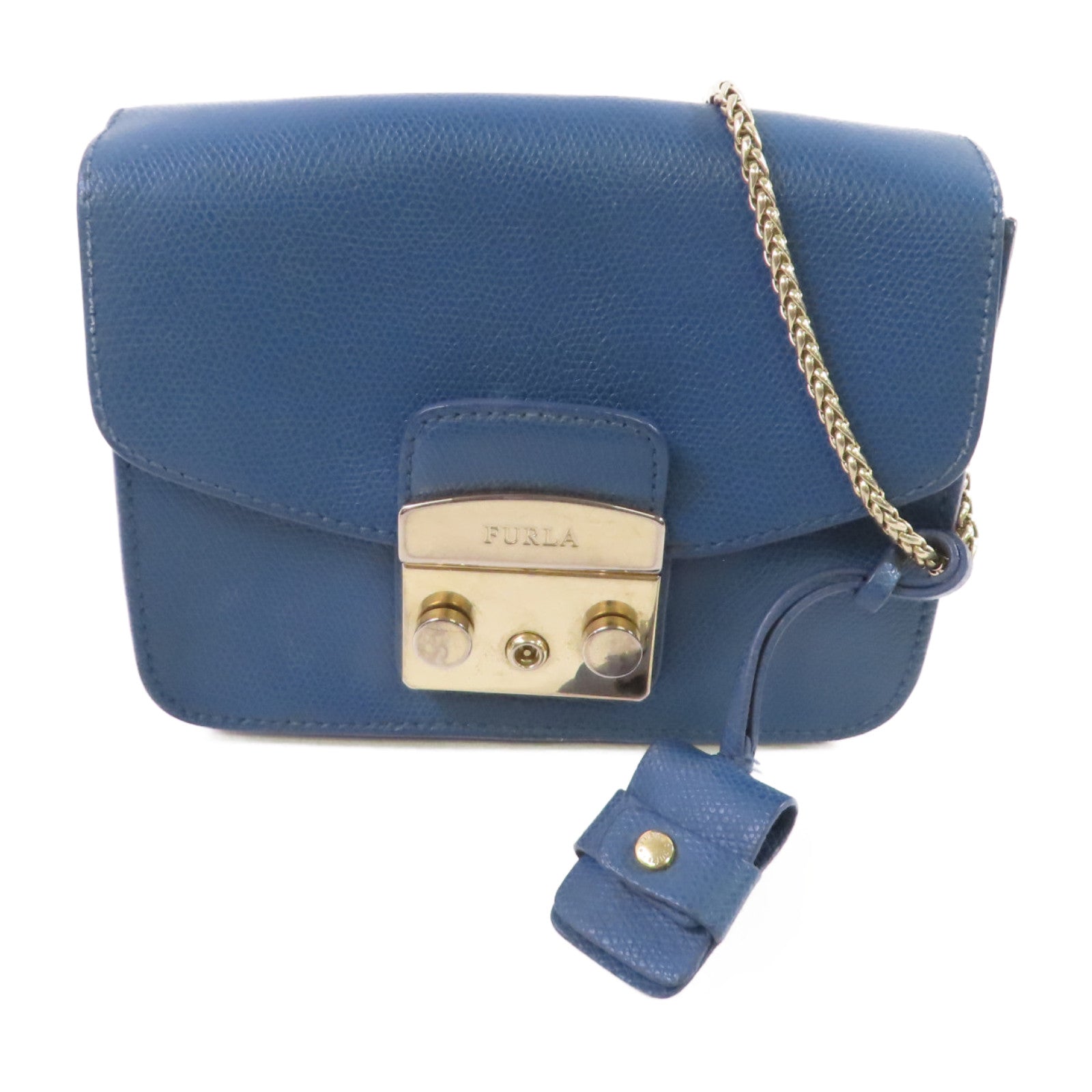 Furla 牛皮皮革Shoulder Bag金扣鏈帶肩背袋藍色