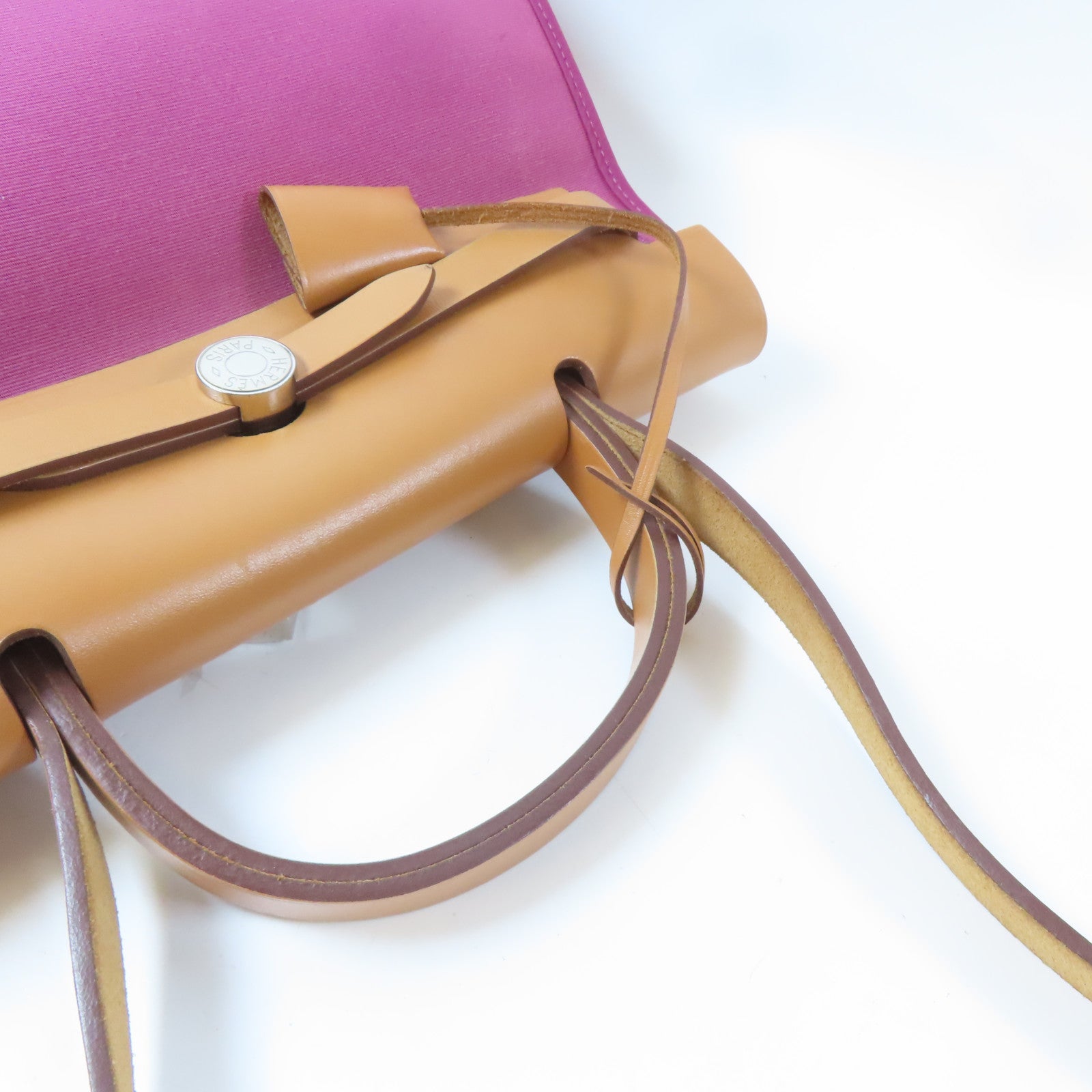 HERMES 【激減優惠】帆布Herbag PM銀扣手挽肩背兩用袋桃紅色