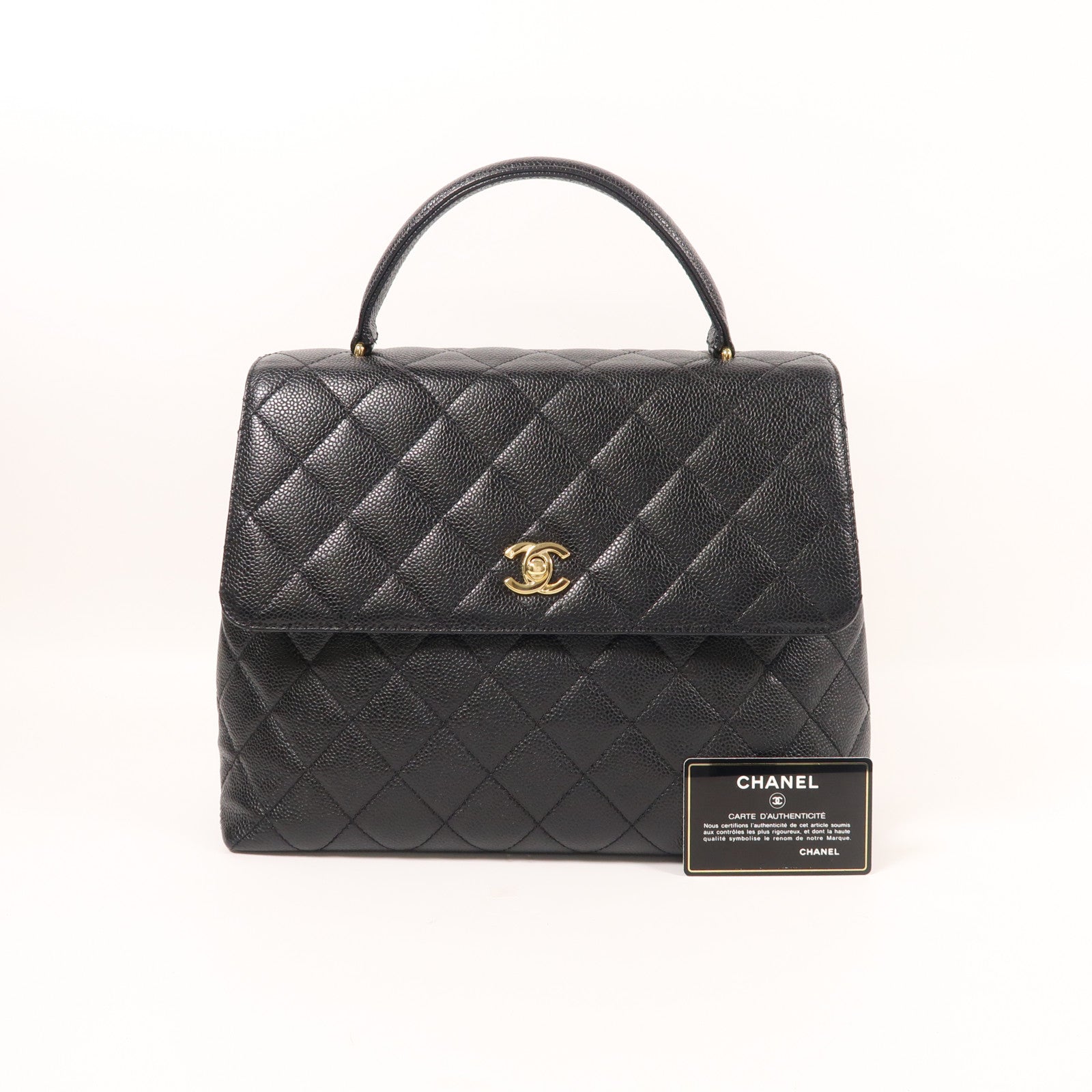 CHANEL CC GHW Vintage Top Handle Hand Bag Calfskin Leather Black