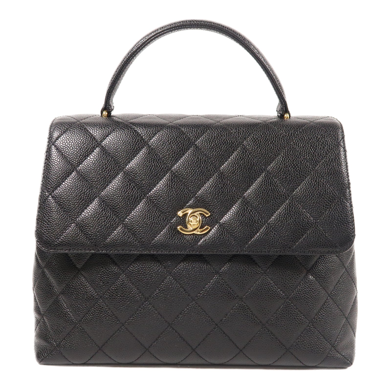 CHANEL CC GHW Vintage Top Handle Hand Bag Calfskin Leather Black