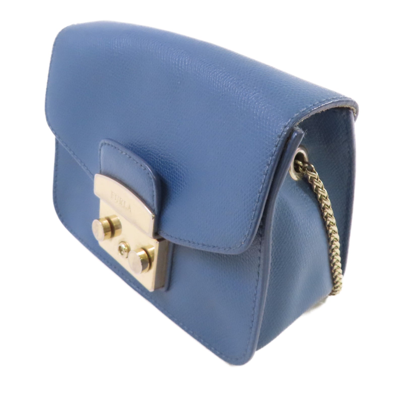 Furla 牛皮皮革Shoulder Bag金扣鏈帶肩背袋藍色