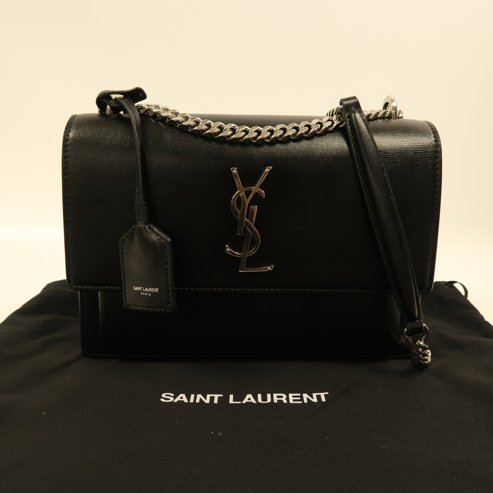 SAINT LAURENT 牛皮皮革Sunset Medium銀扣鏈帶肩背袋黑色