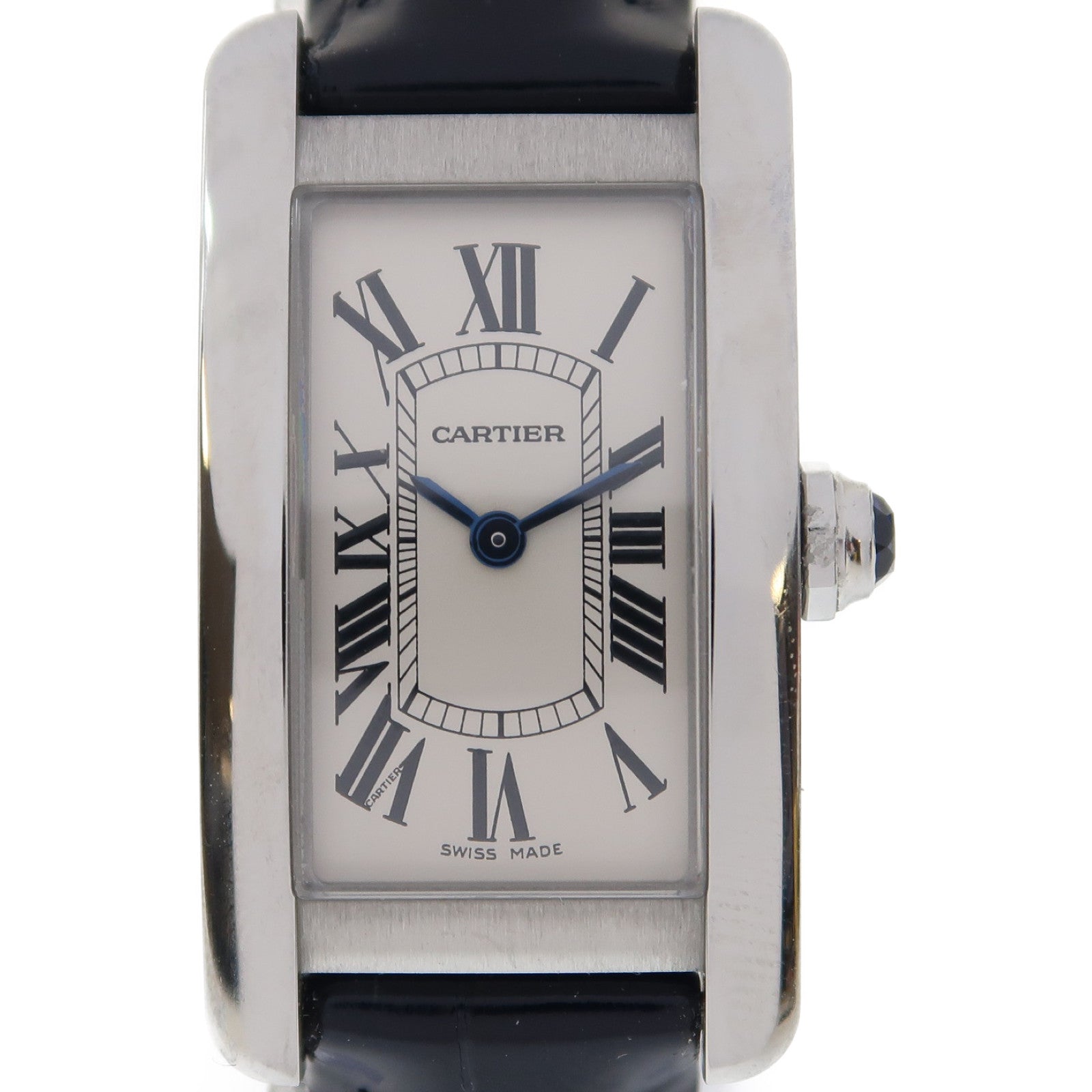 CARTIER Tank American不鏽鋼/鱷魚皮革帶手錶石英機芯銀色