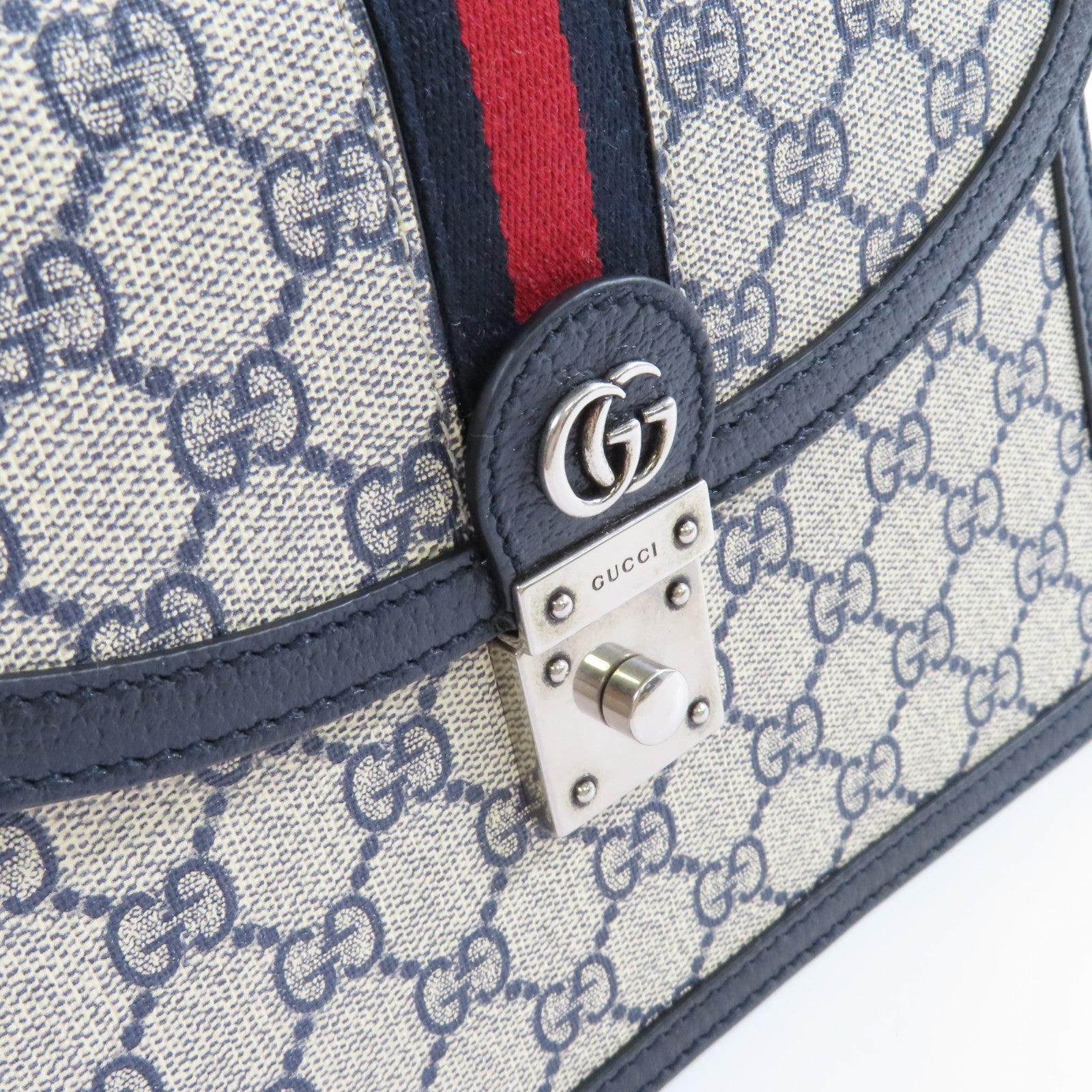 GUCCI 塗層帆布Ophidia GG Small Top Handle Bag銀扣手挽肩背兩用袋米色/藍色