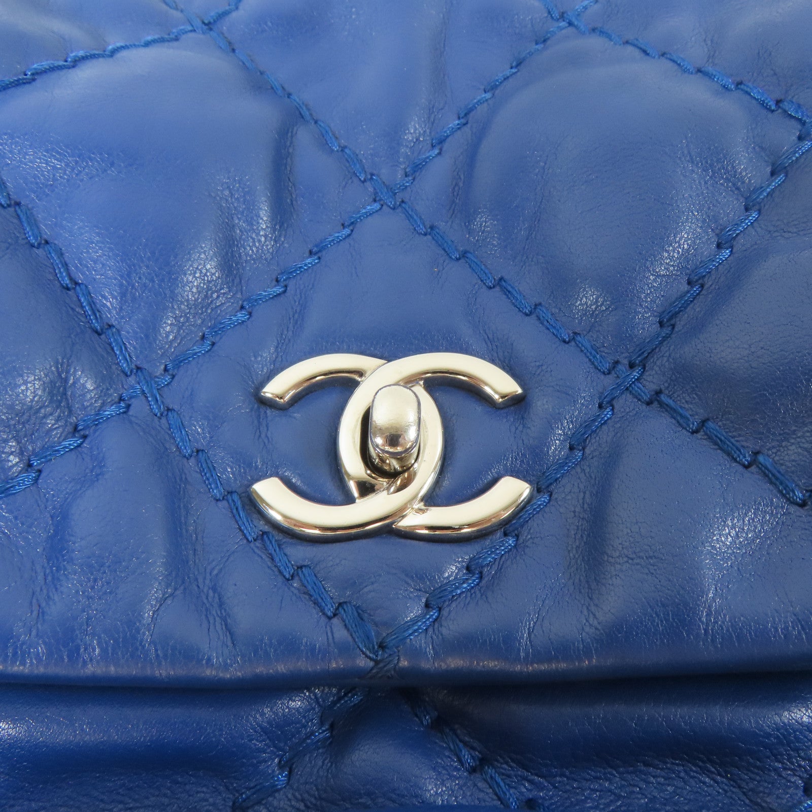 CHANEL 菱格牛皮皮革Flap Bag銀扣鏈帶肩背袋藍色