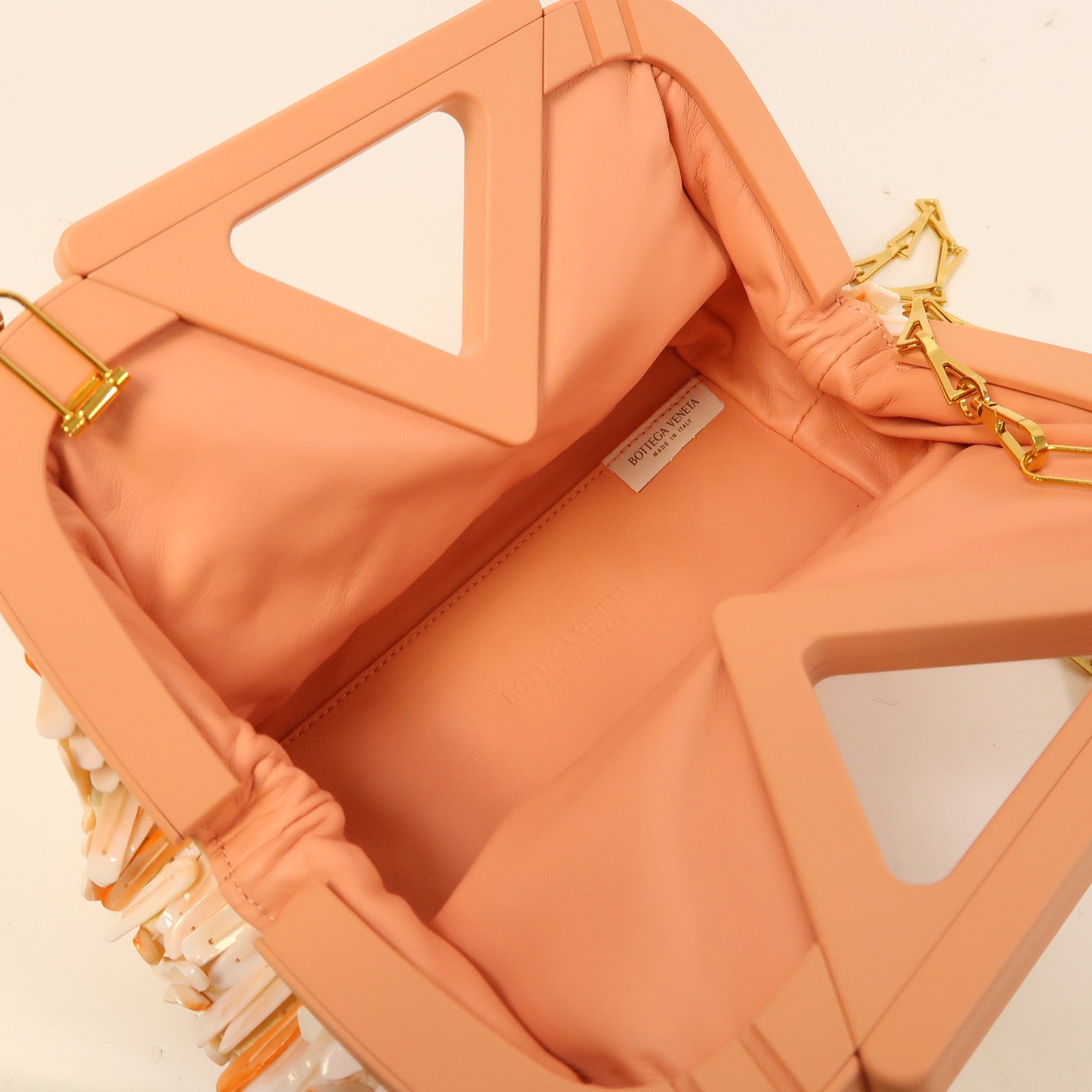 BOTTEGA VENETA 【激減優惠】貝殼/牛皮皮革Shell Fringe V金扣鏈帶肩背袋粉紅色/白色