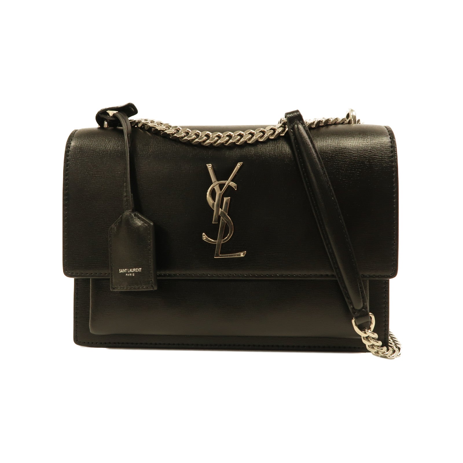 SAINT LAURENT 牛皮皮革Sunset Medium銀扣鏈帶肩背袋黑色