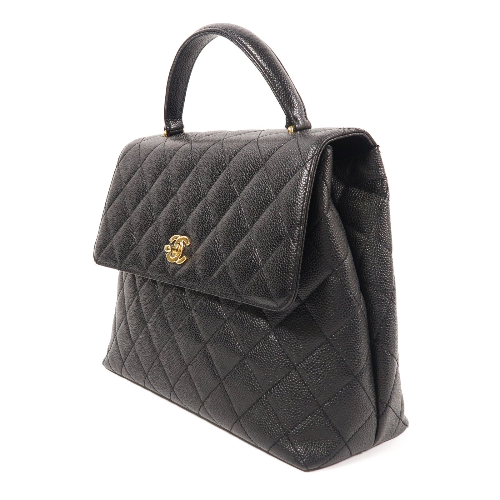 CHANEL CC GHW Vintage Top Handle Hand Bag Calfskin Leather Black