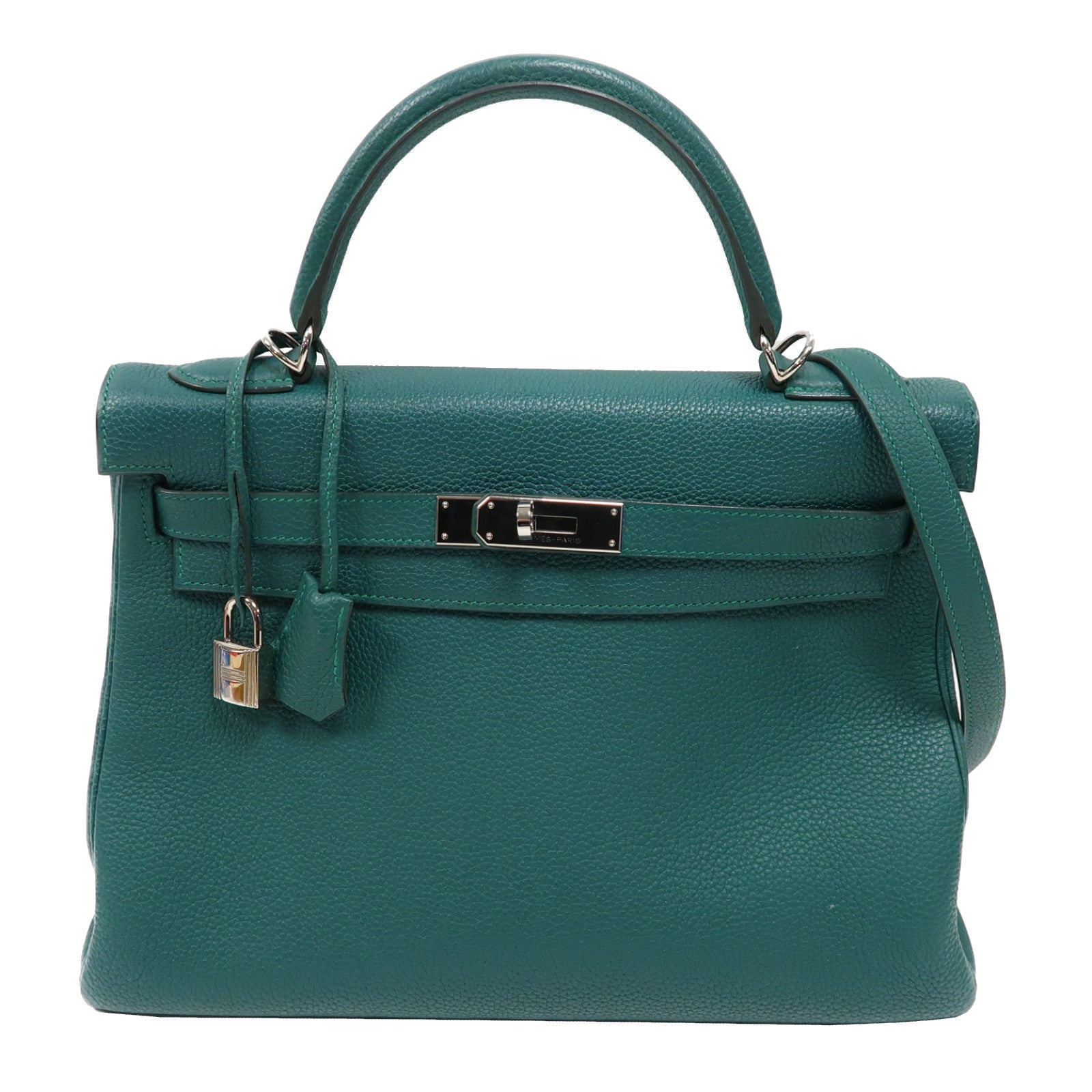 HERMES Clemence皮革Kelly 32銀扣手挽肩背兩用袋絲絨綠色