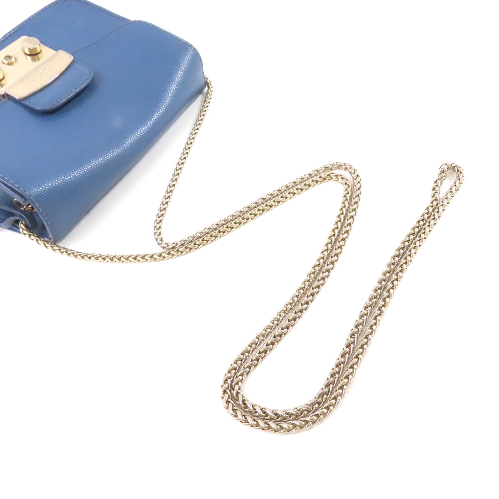 Furla 牛皮皮革Shoulder Bag金扣鏈帶肩背袋藍色