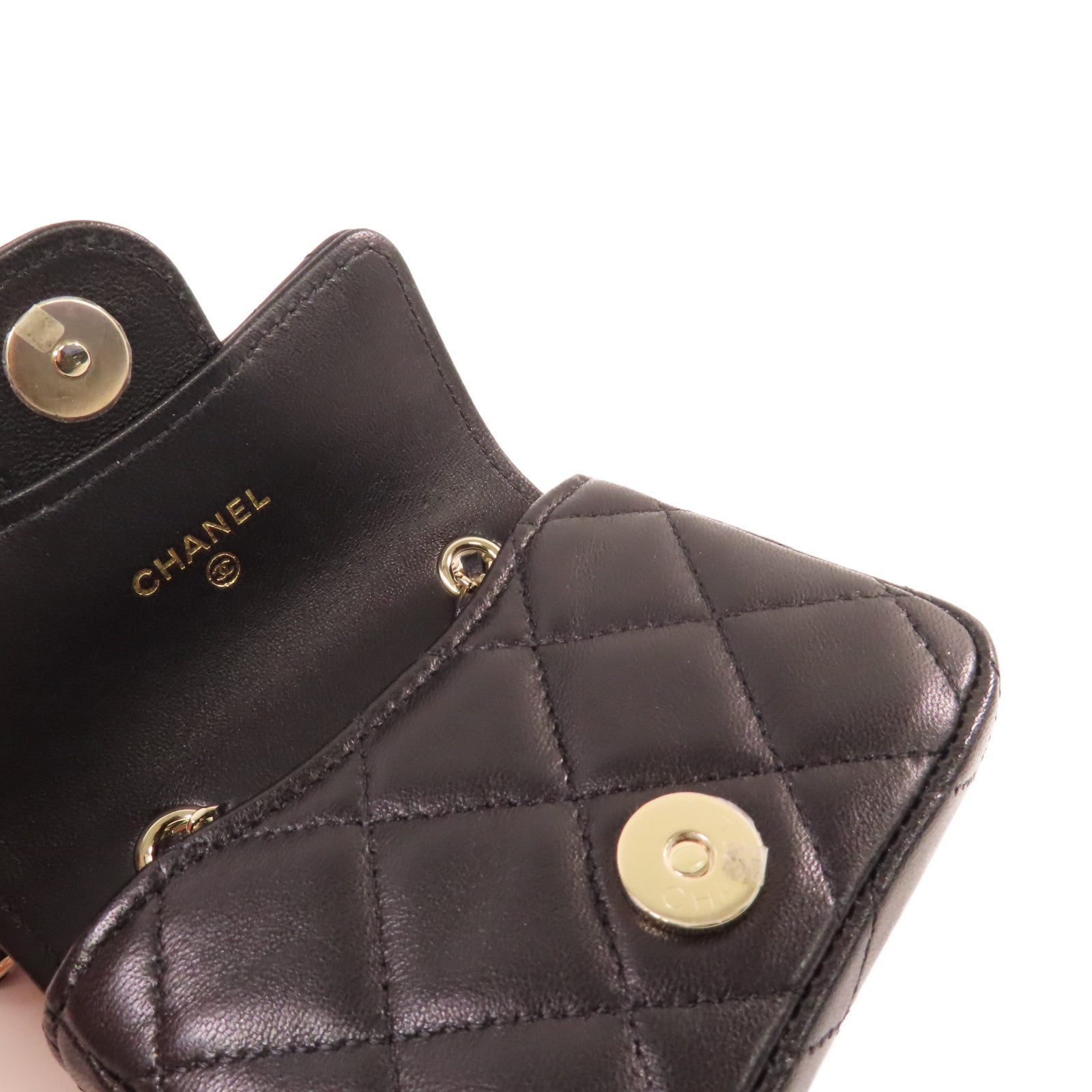 CHANEL 菱格羊皮皮革Chain Mini Shoulder Card Case金扣鏈帶肩背卡套黑色