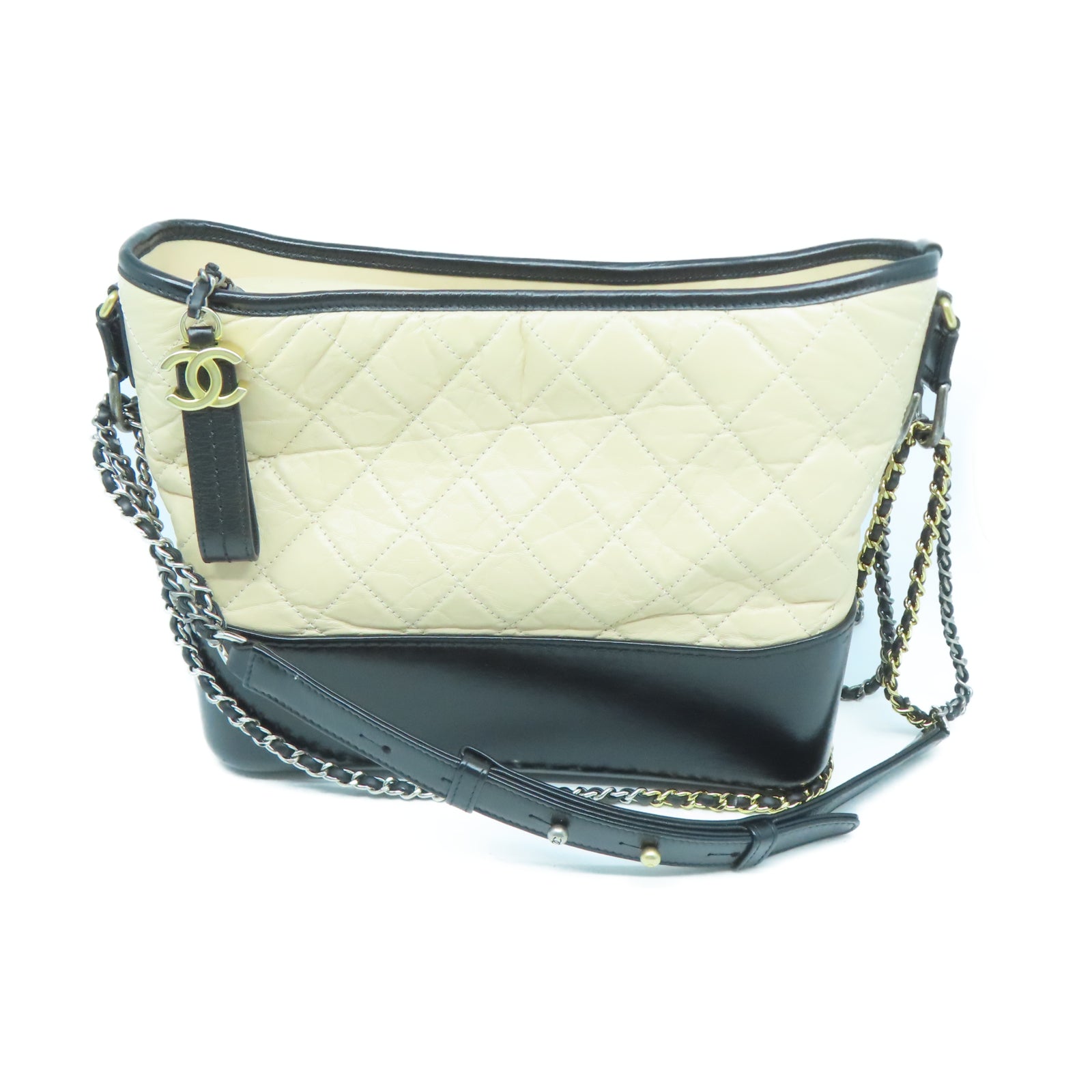 CHANEL 【清倉大減價】菱格牛皮皮革Gabrielle Chain Shoulder金扣/銀扣鏈帶肩背袋米色/黑色