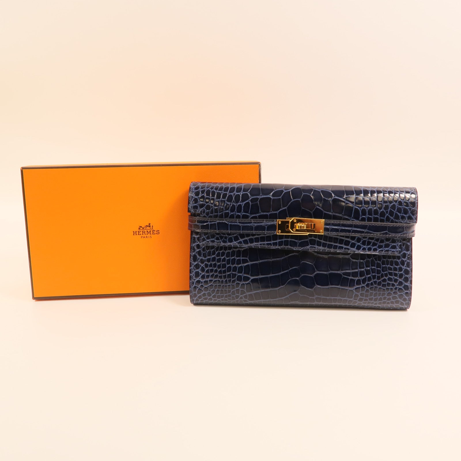 HERMES Alligator皮革Kelly Long Wallet金扣長錢包Bleu Saphir