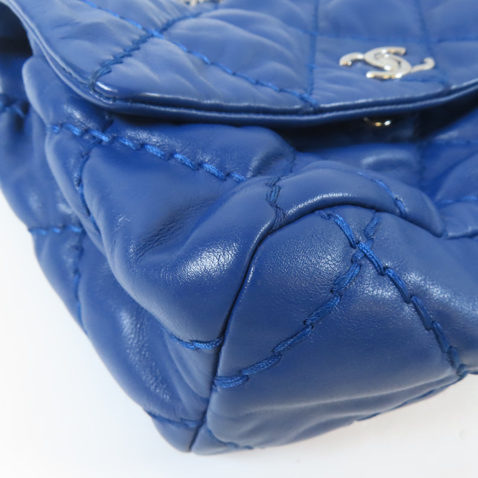 CHANEL 菱格牛皮皮革Flap Bag銀扣鏈帶肩背袋藍色