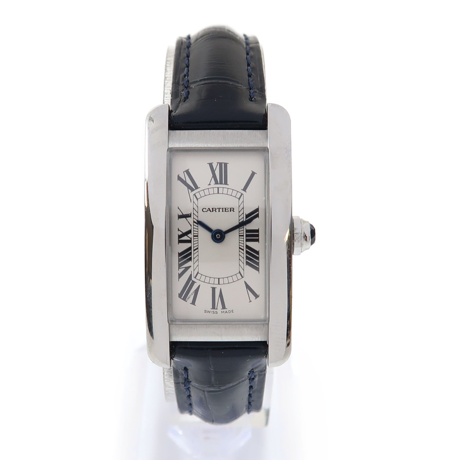 CARTIER Tank American不鏽鋼/鱷魚皮革帶手錶石英機芯銀色