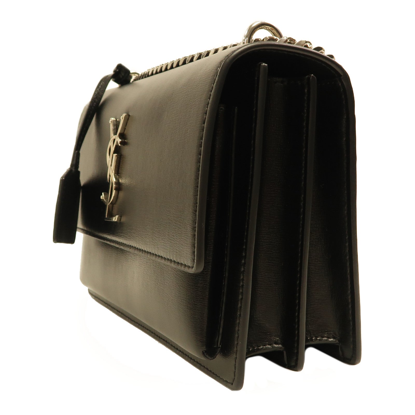 SAINT LAURENT 牛皮皮革Sunset Medium銀扣鏈帶肩背袋黑色