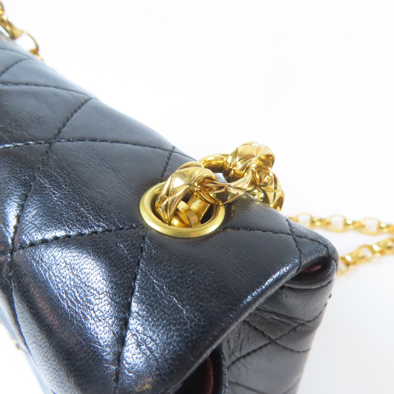CHANEL 菱格羊皮皮革Vintage Chain Shoulder金扣鏈帶肩背袋黑色
