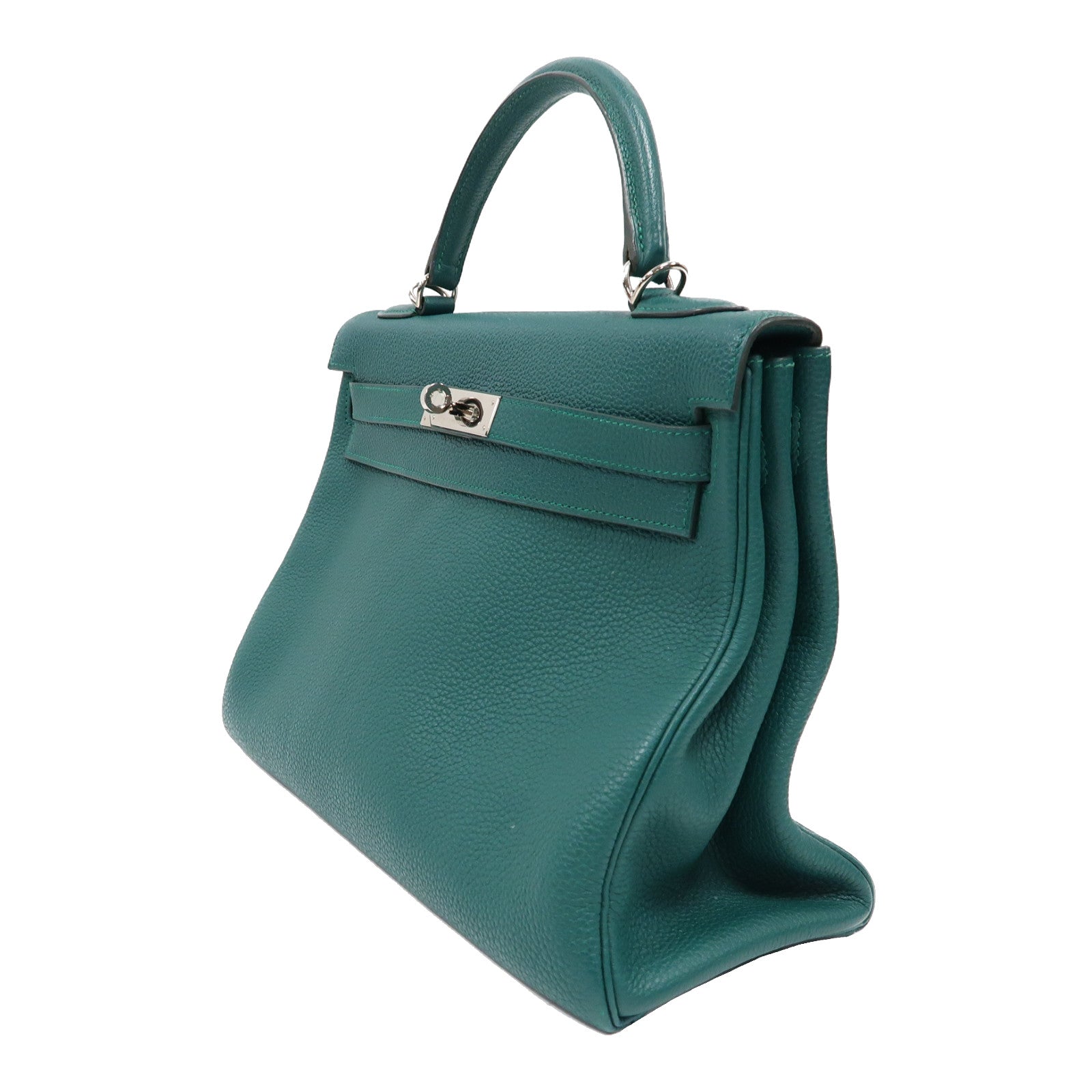 HERMES Clemence皮革Kelly 32銀扣手挽肩背兩用袋絲絨綠色