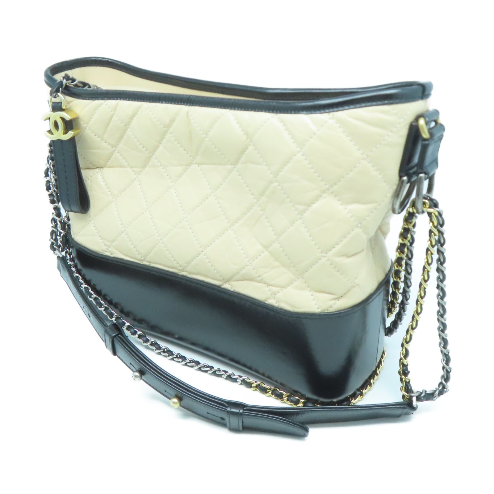 CHANEL 【清倉大減價】菱格牛皮皮革Gabrielle Chain Shoulder金扣/銀扣鏈帶肩背袋米色/黑色
