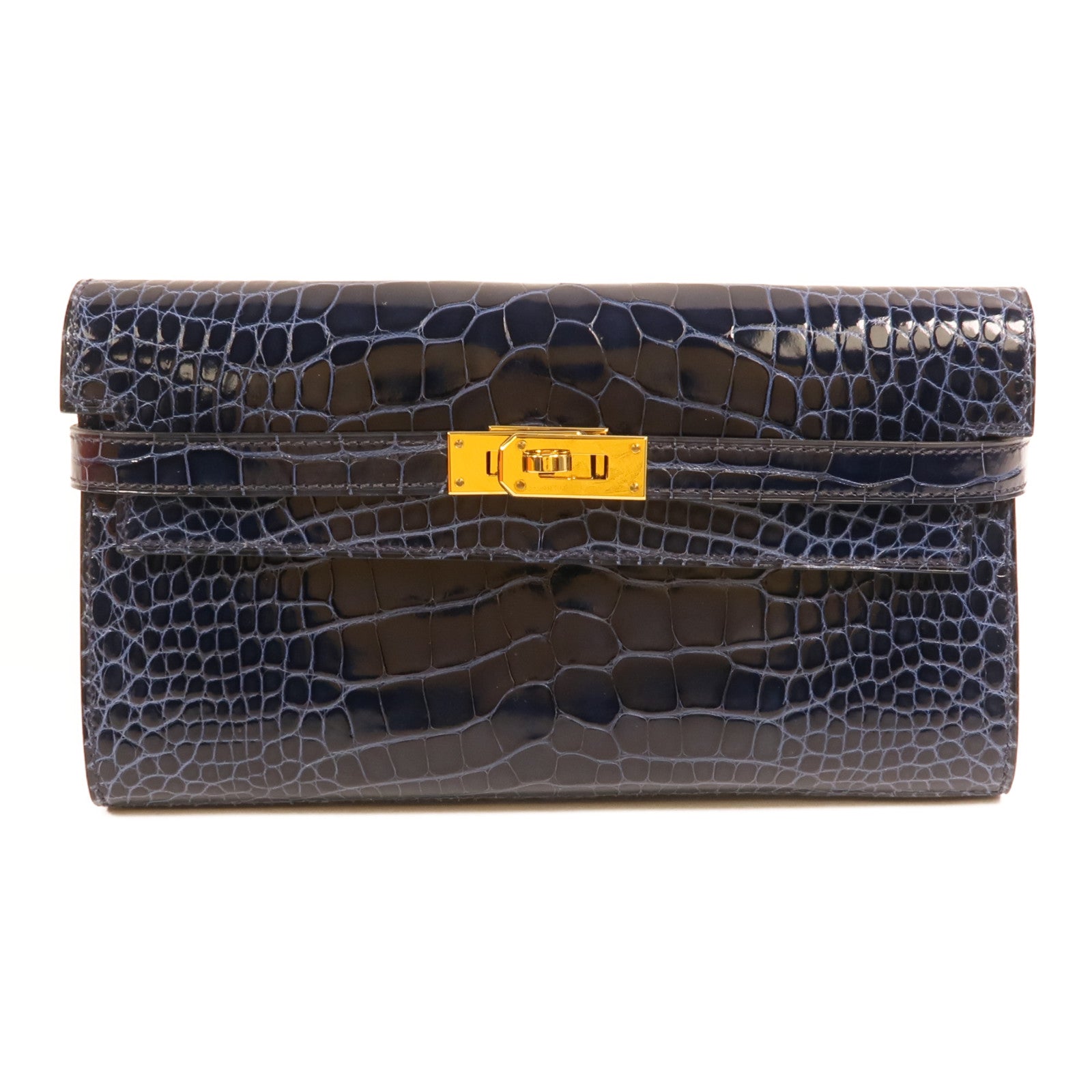 HERMES Alligator皮革Kelly Long Wallet金扣長錢包Bleu Saphir