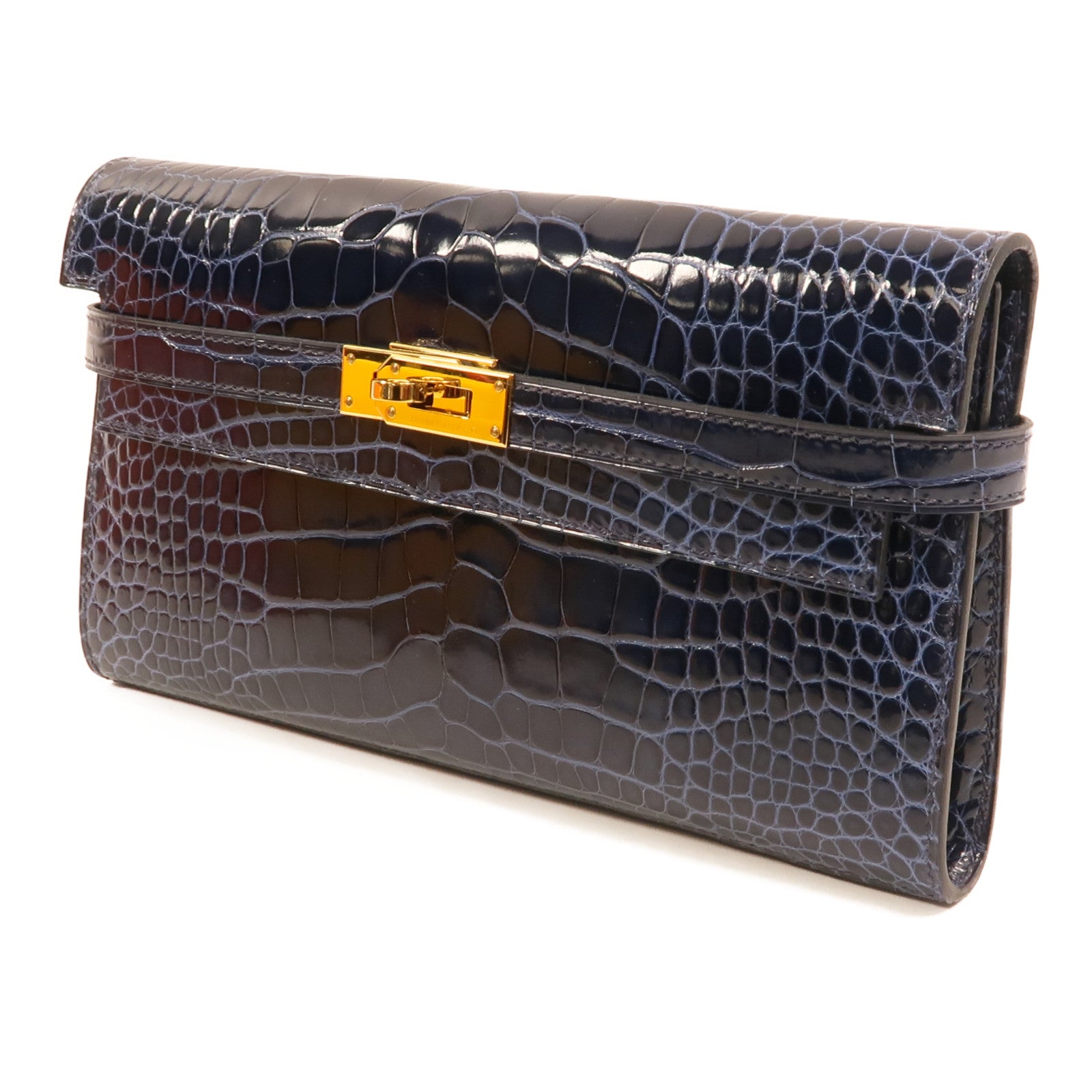 HERMES Alligator皮革Kelly Long Wallet金扣長錢包Bleu Saphir