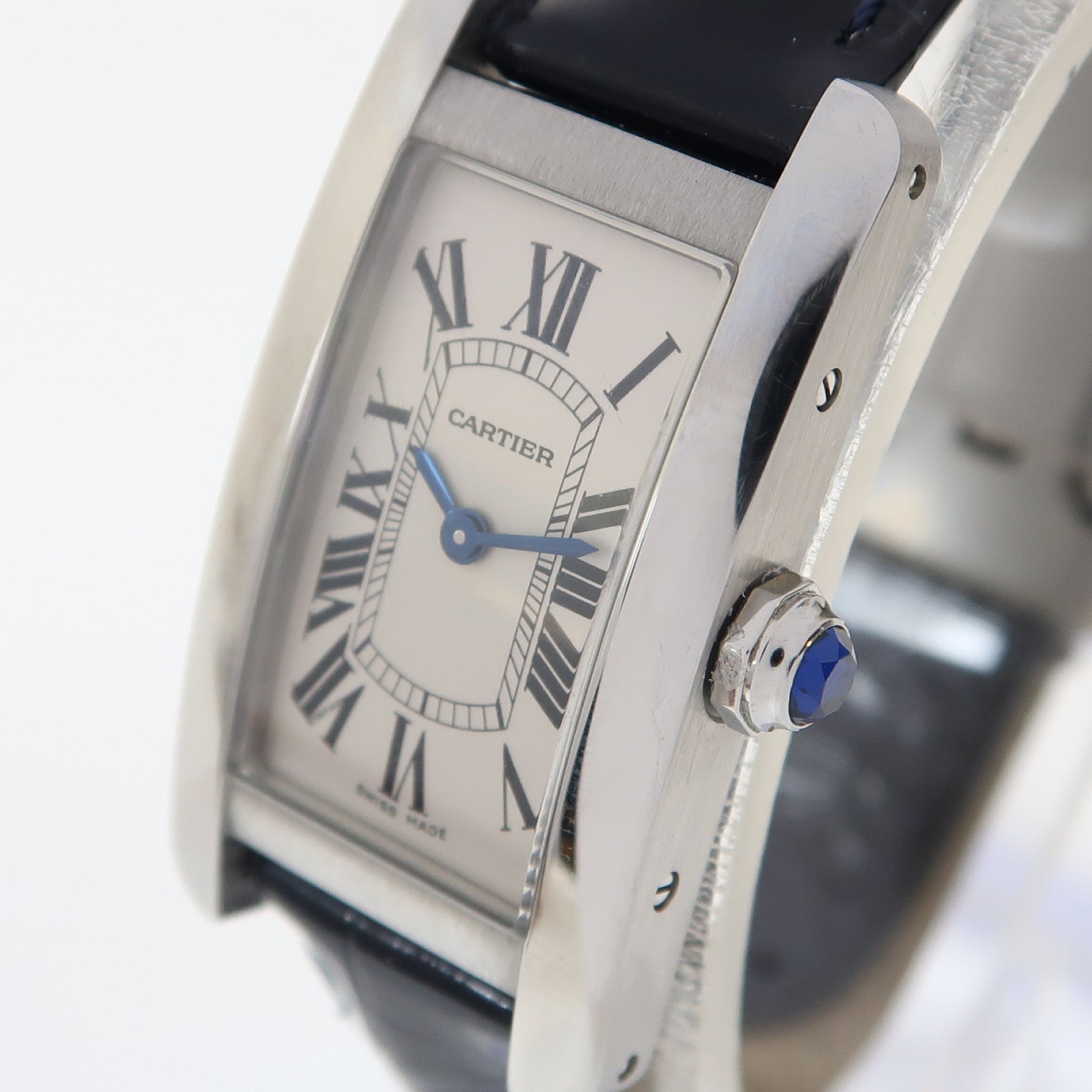 CARTIER Tank American不鏽鋼/鱷魚皮革帶手錶石英機芯銀色