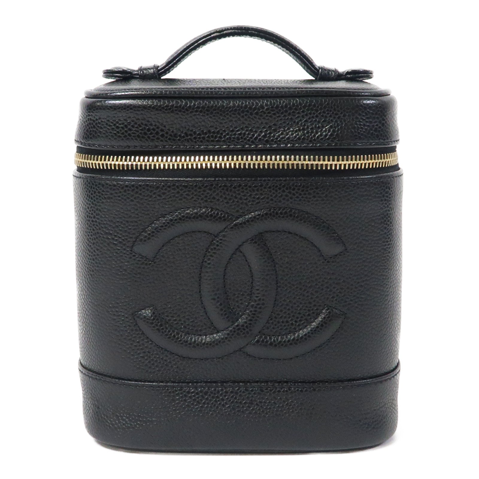 CHANEL Caviar皮革Vintage Vanity Case金扣手挽袋黑色