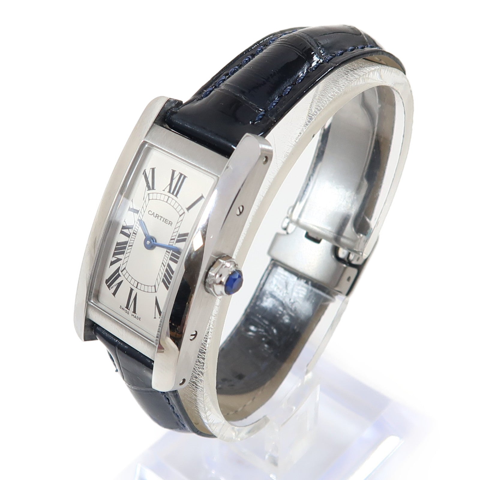CARTIER Tank American不鏽鋼/鱷魚皮革帶手錶石英機芯銀色