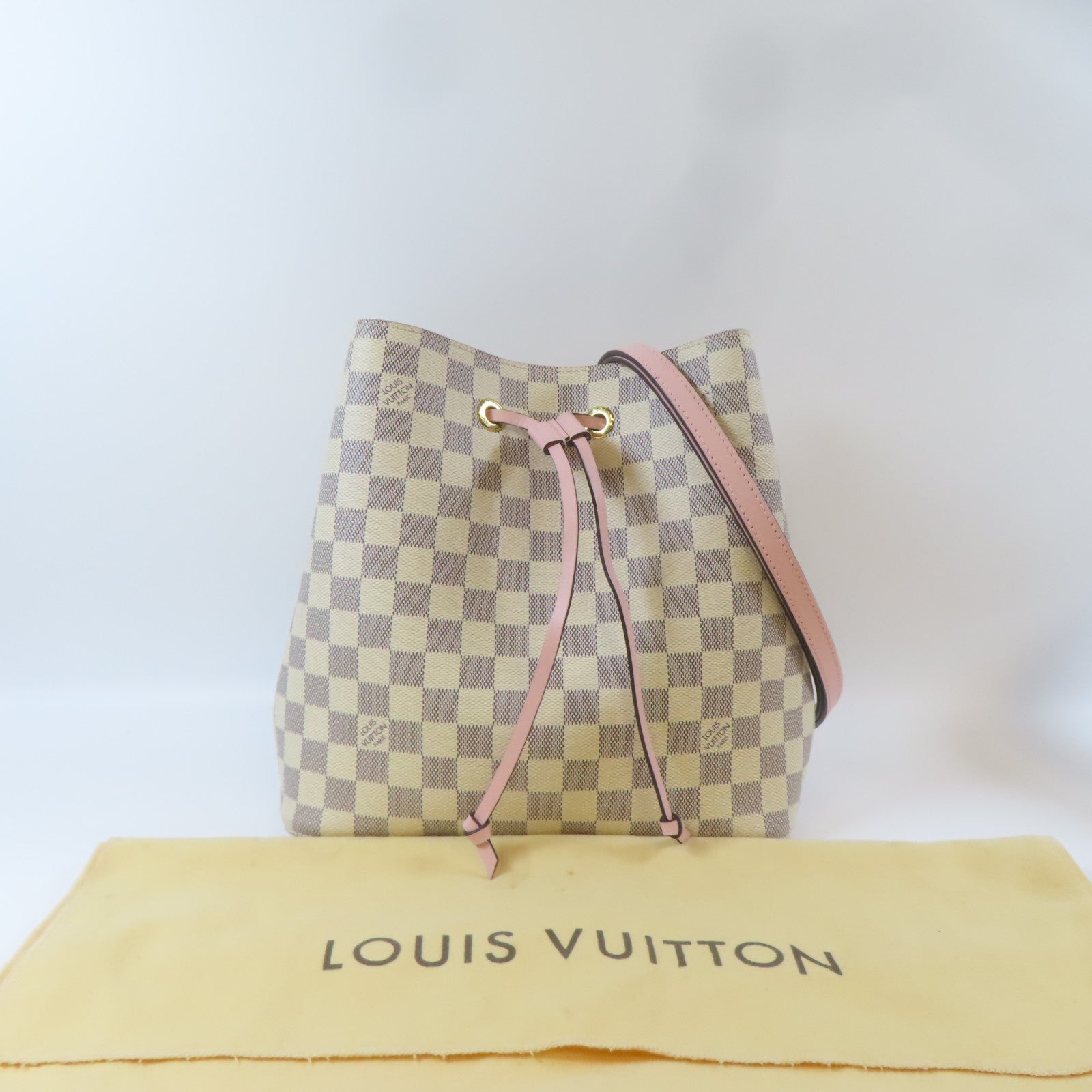 LOUIS VUITTON 【激減優惠】Damier Azur Neo Noe MM金扣肩背袋白色/粉紅色