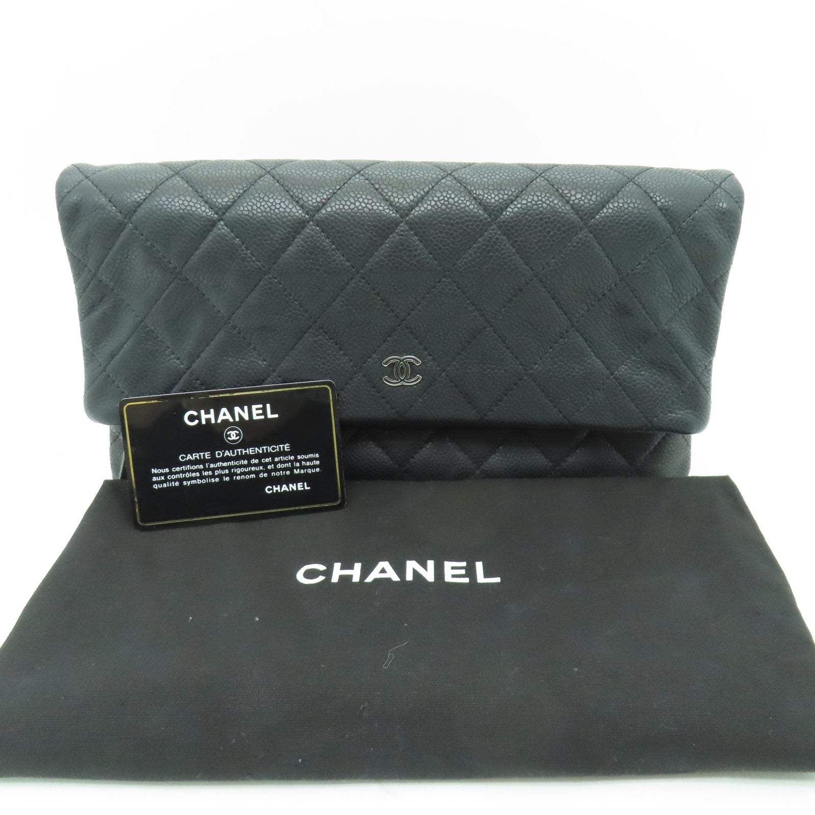CHANEL 【激減優惠】菱格Caviar皮革Pouch銀扣手拿包黑色