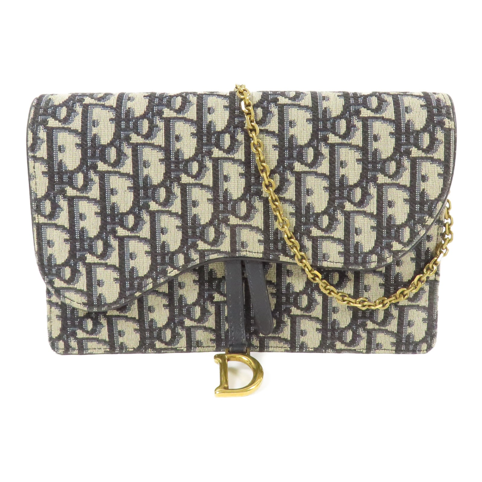 Dior CD GHW Saddle Pouch with Chain Shoulder Bag Canvas Navy