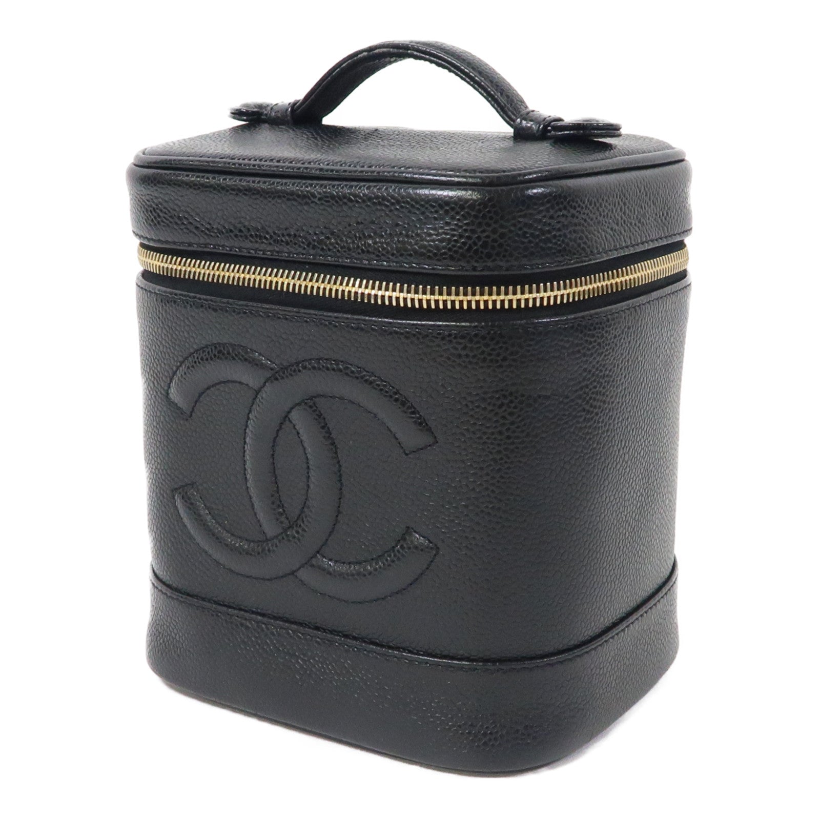 CHANEL Caviar皮革Vintage Vanity Case金扣手挽袋黑色