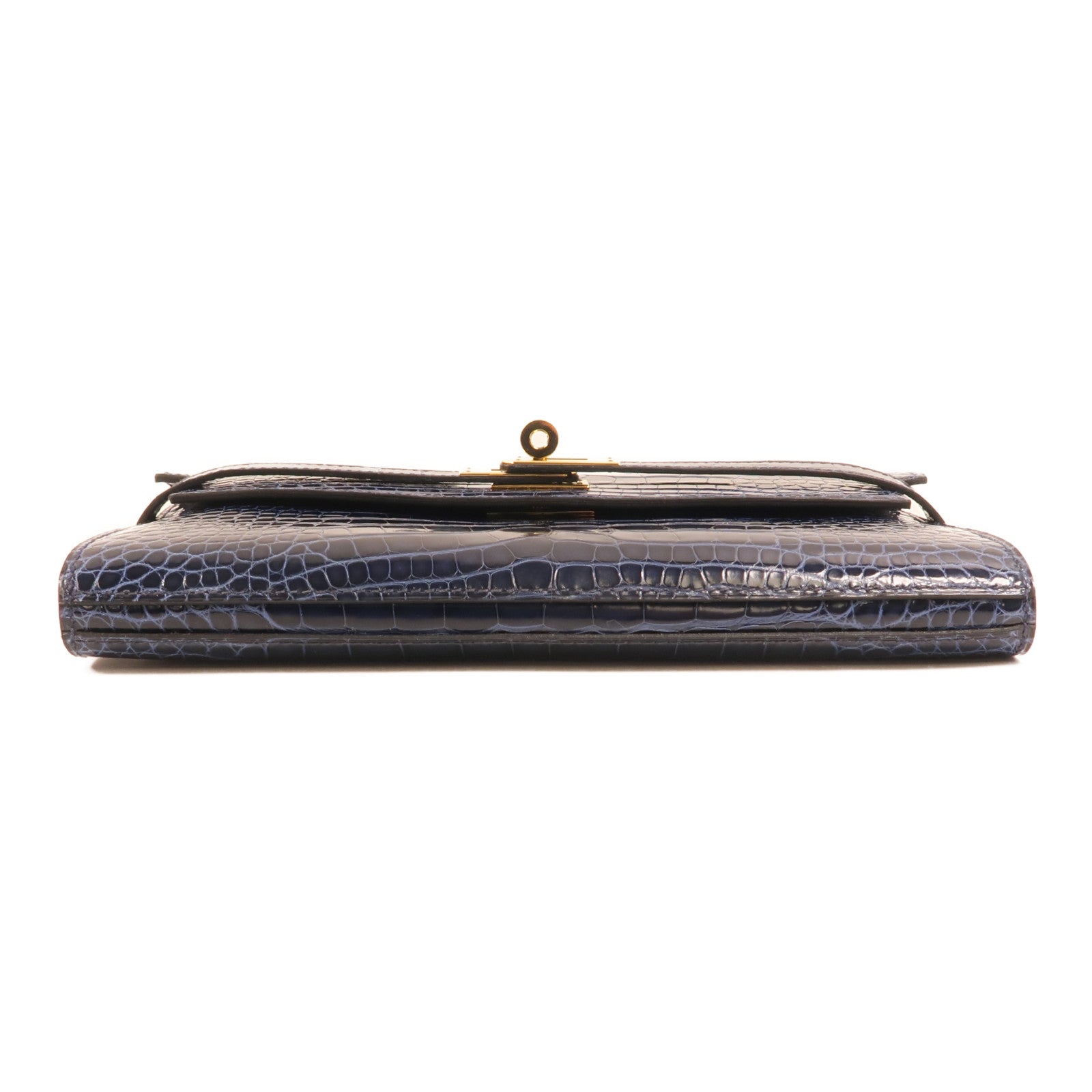 HERMES Alligator皮革Kelly Long Wallet金扣長錢包Bleu Saphir